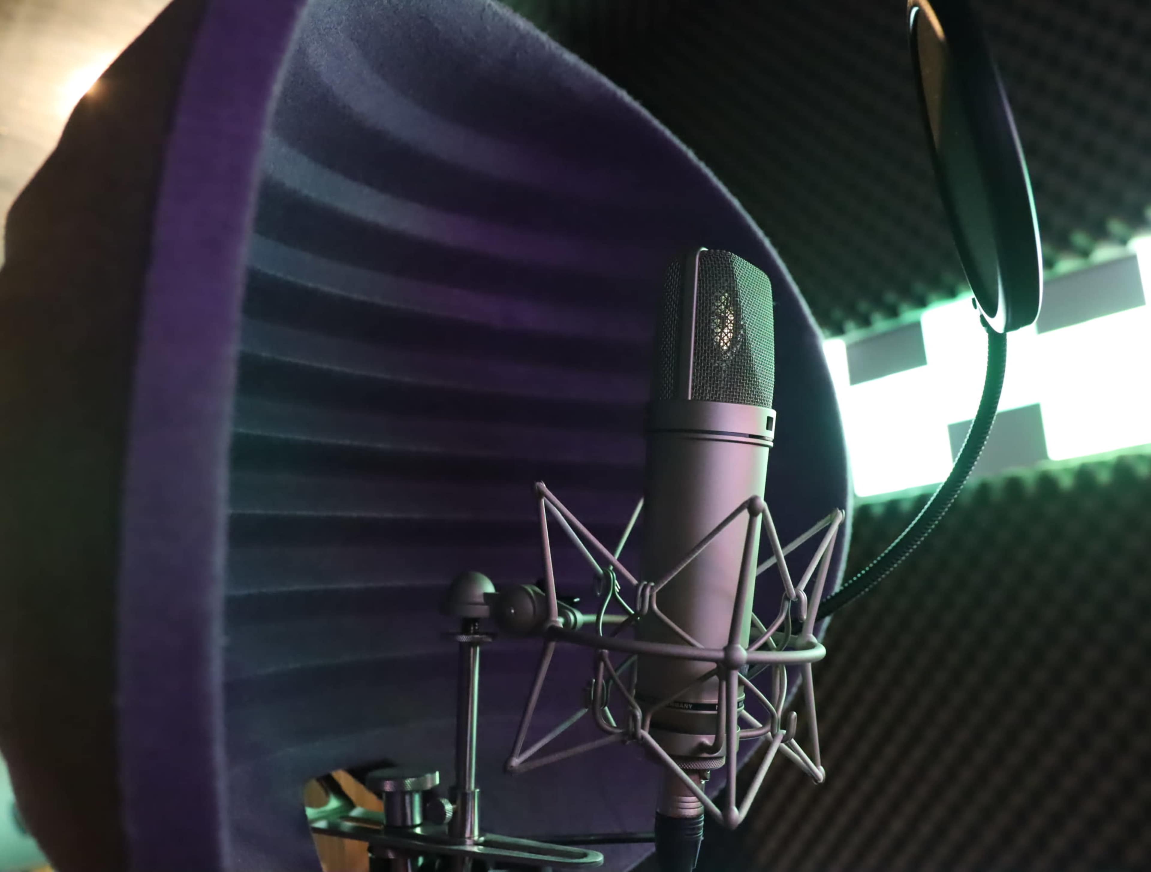 A microphone is positioned in a soundproof studio surrounded by acoustic panels.