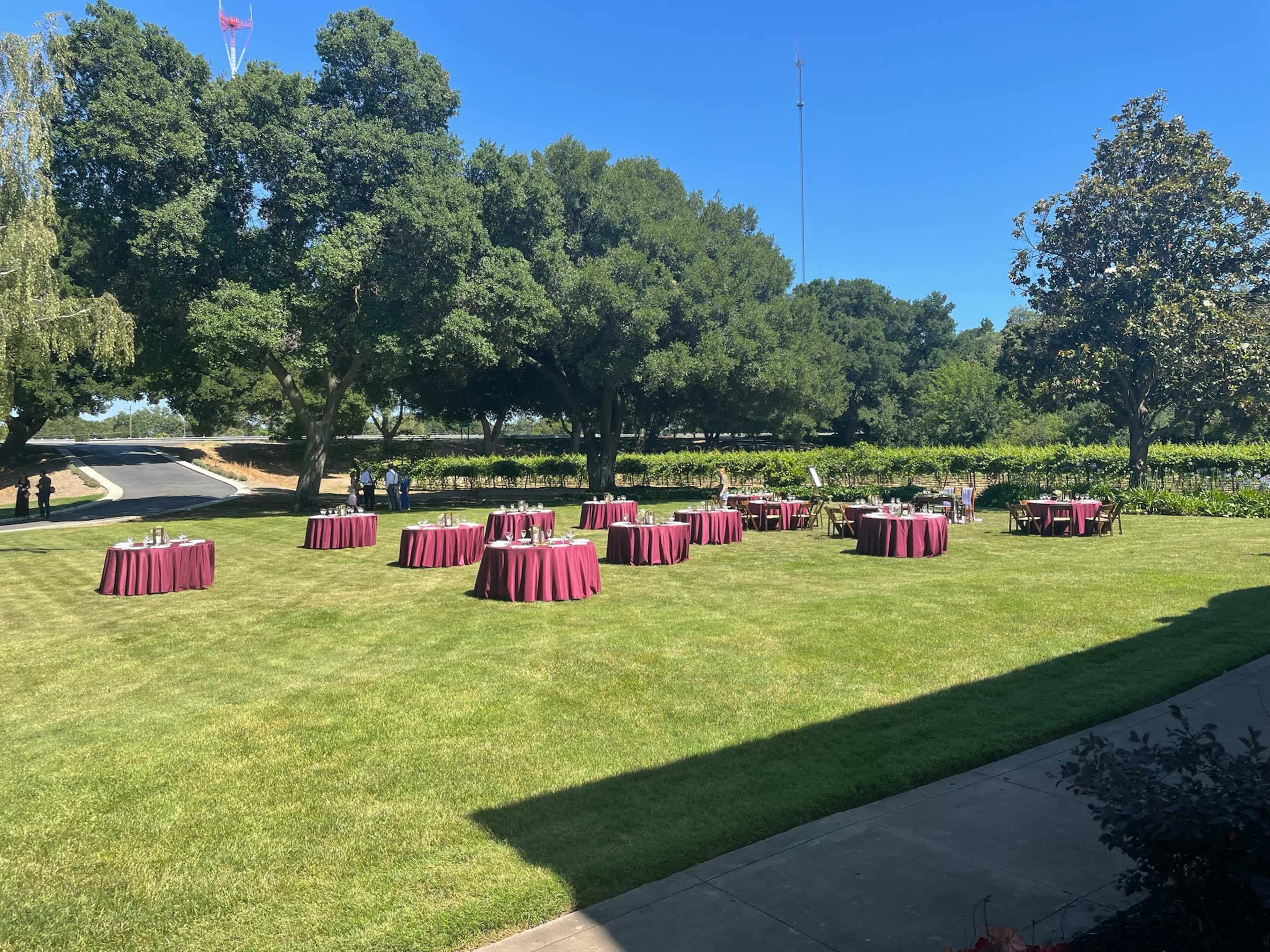 The image shows a spacious outdoor area with several round tables covered in maroon tablecloths arranged on a green lawn surrounded by trees.