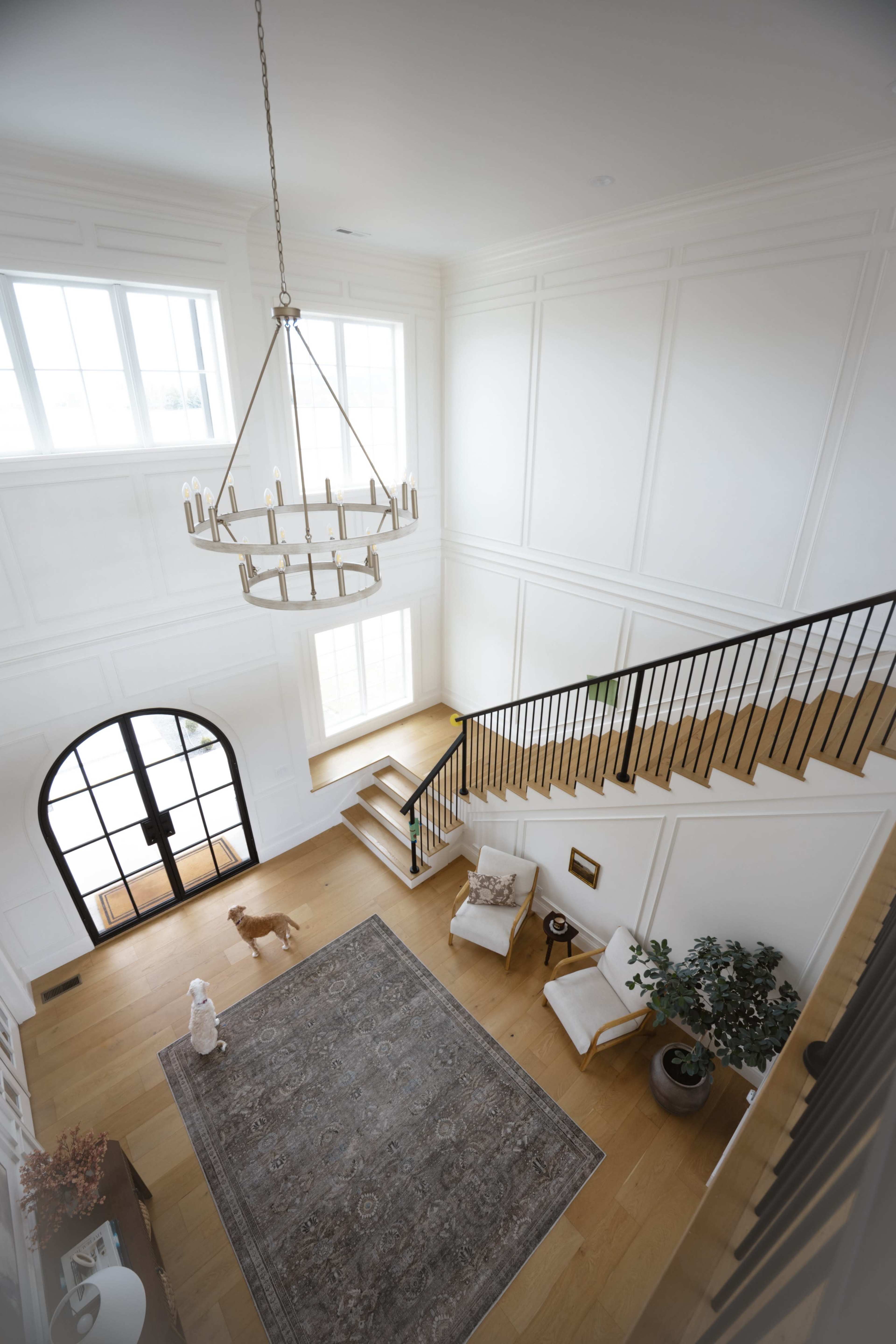 The image shows a spacious, well-lit foyer with a staircase, a large chandelier, and a dog standing on a decorative rug.
