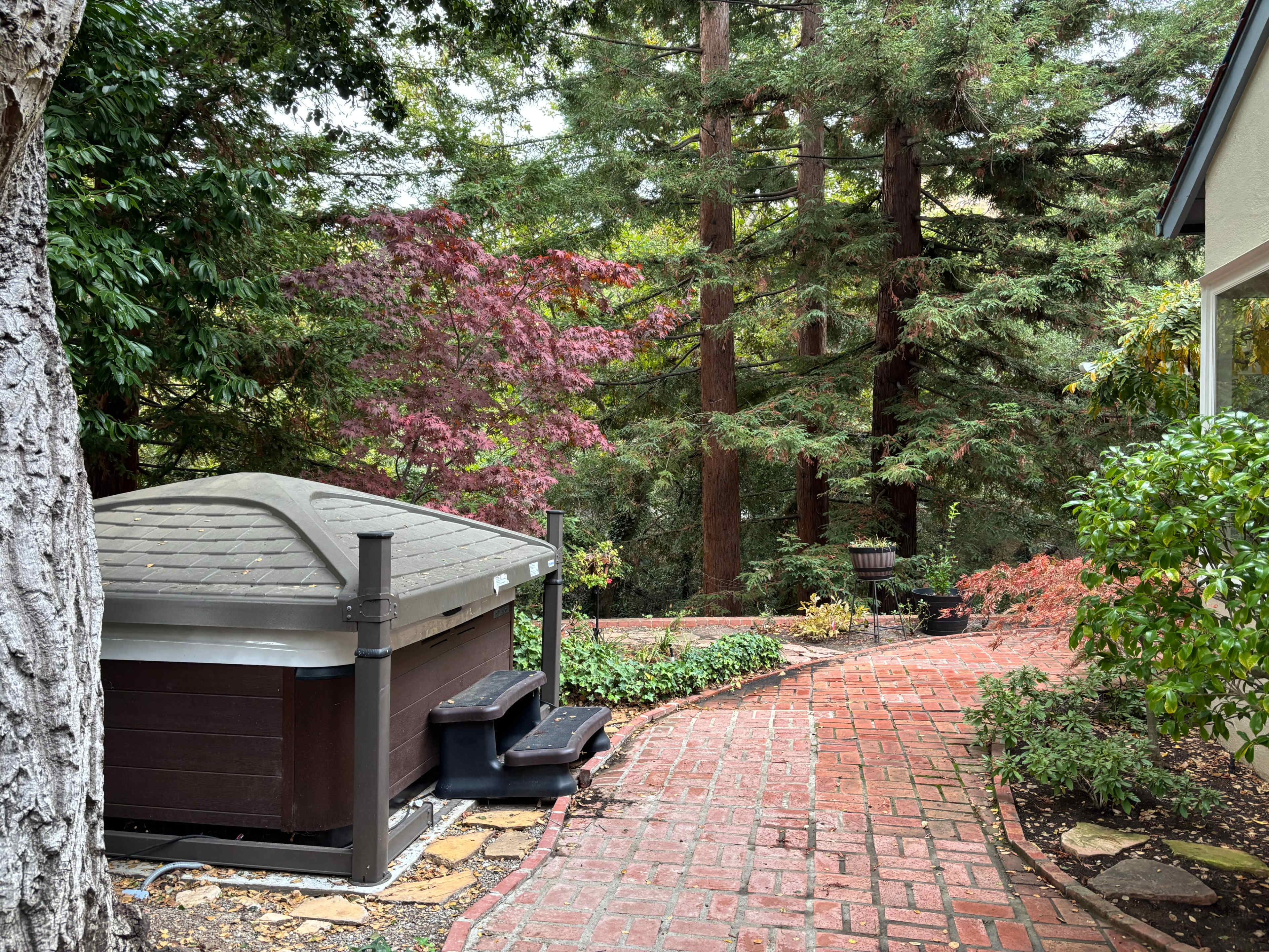 A brick path meanders through a garden featuring a hot tub, surrounded by trees and colorful foliage.