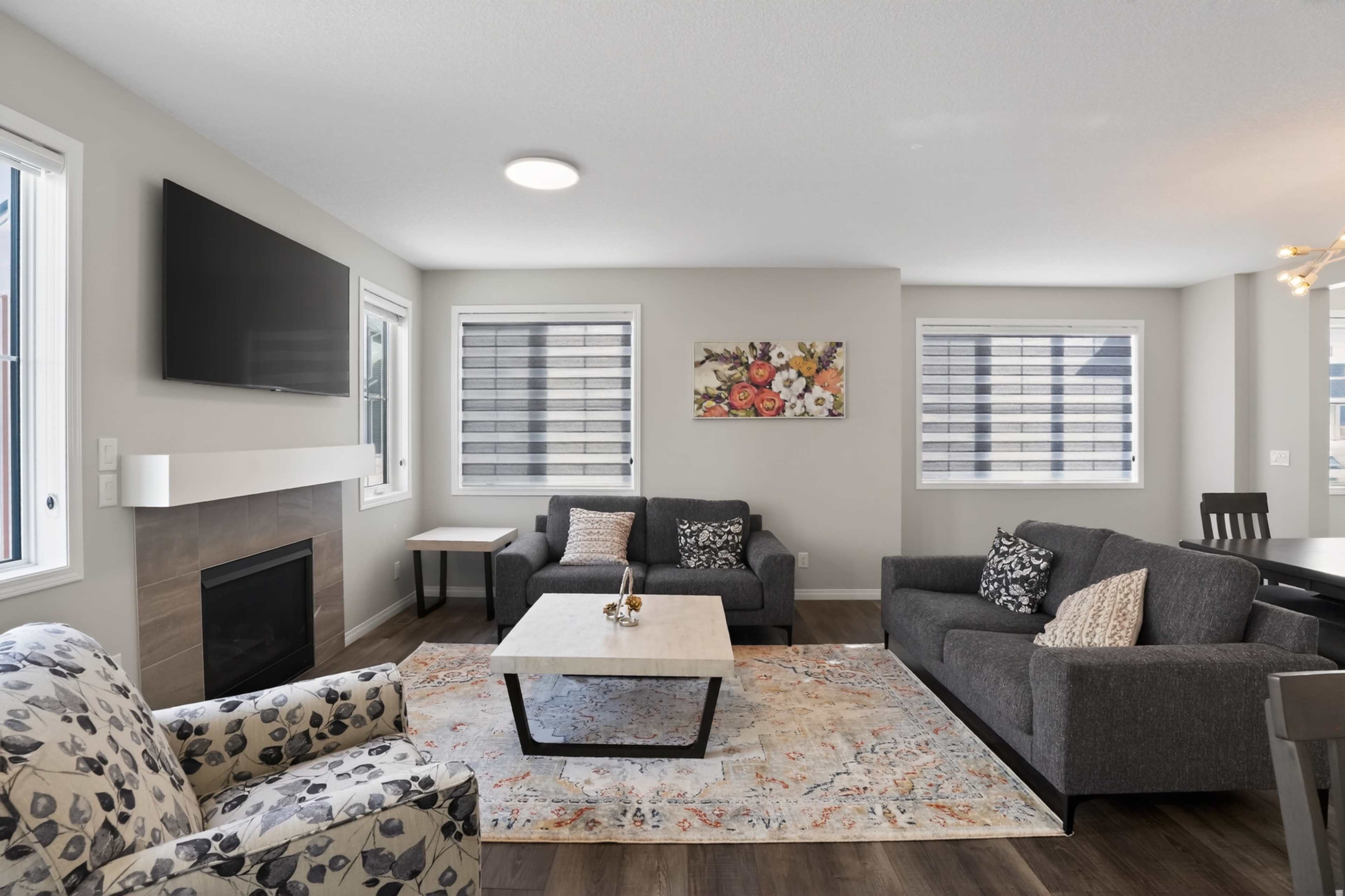 The image shows a modern living room featuring two gray sofas, a coffee table on a patterned rug, and a television mounted on a wall with a fireplace beneath it.