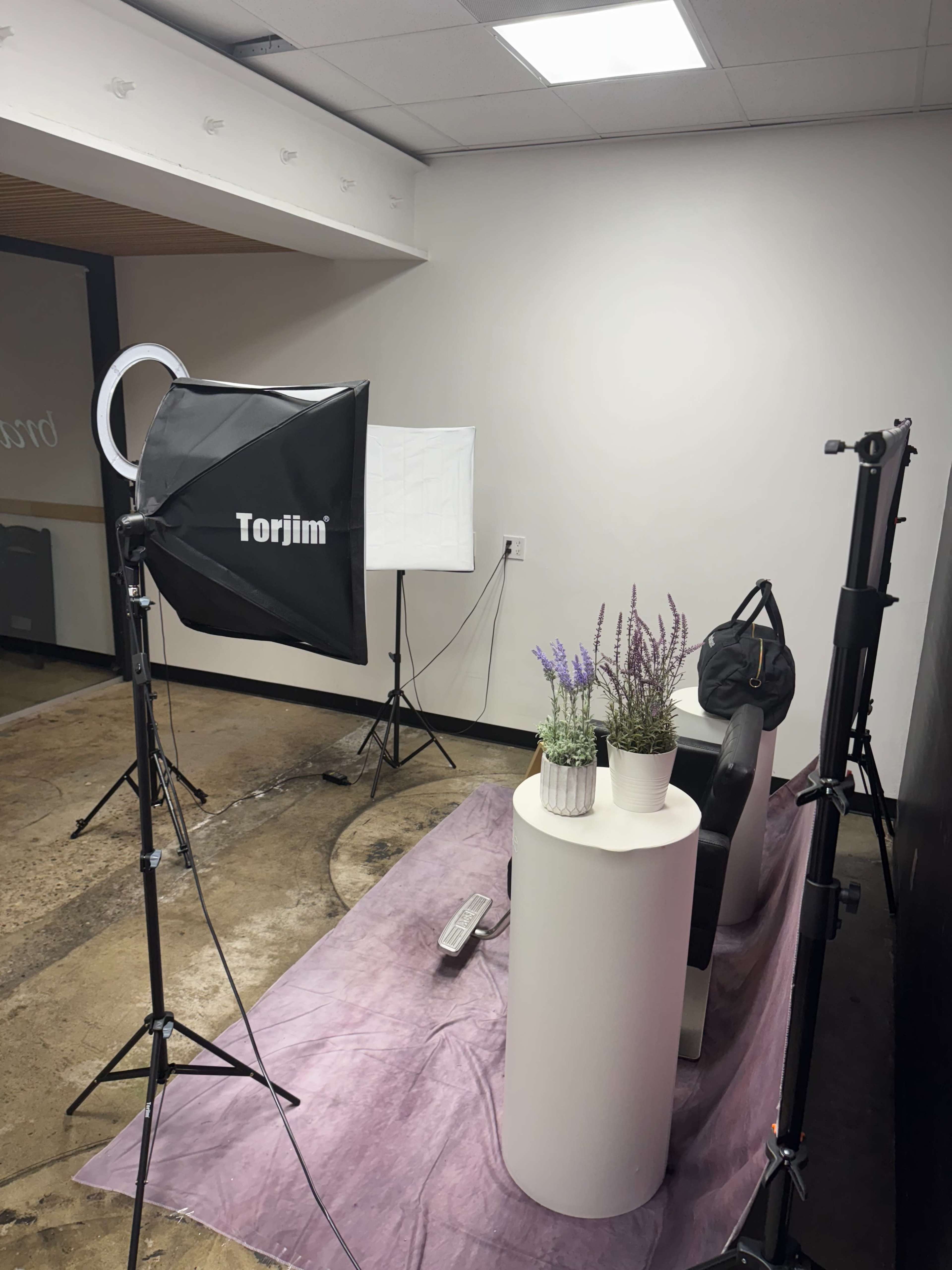 The image shows a small studio setup with a round table, a softbox light, a camera tripod, and potted plants on a purple backdrop.