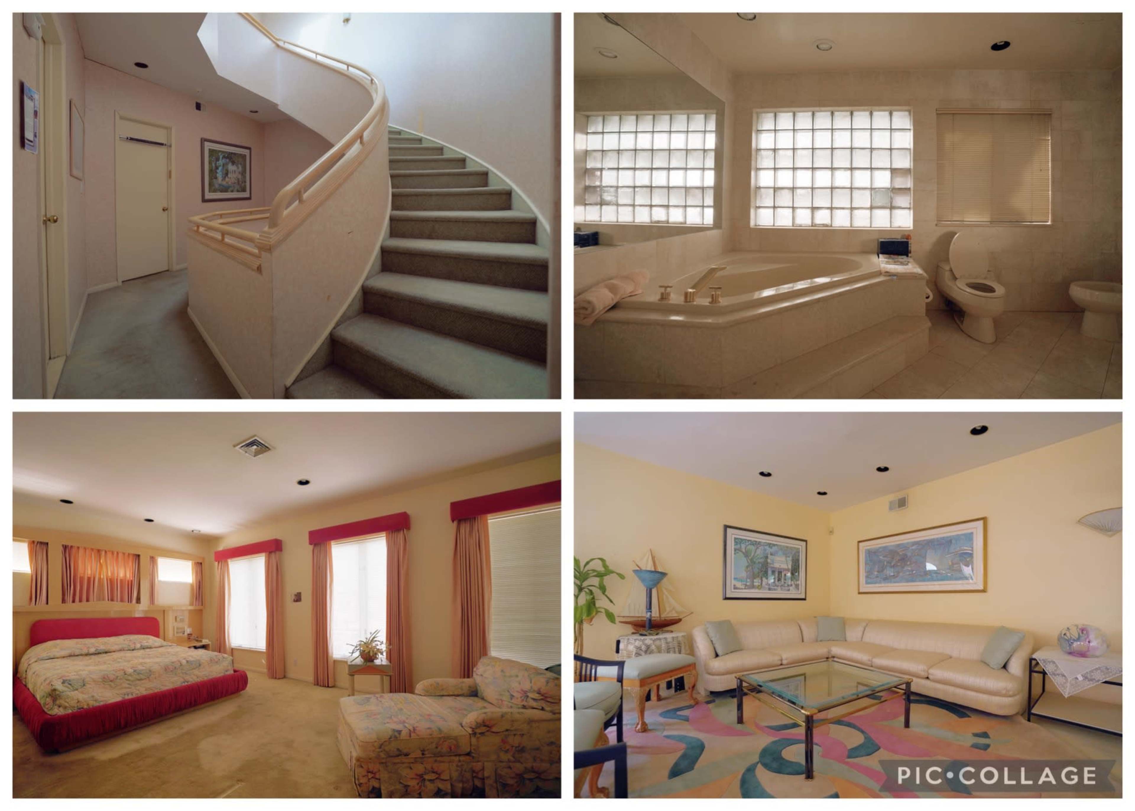 The image features four distinct interior spaces: a staircase leading to an upper level, a bathroom with a tub and toilet, a bedroom with a bed and seating area, and a living room with a couch and coffee table.