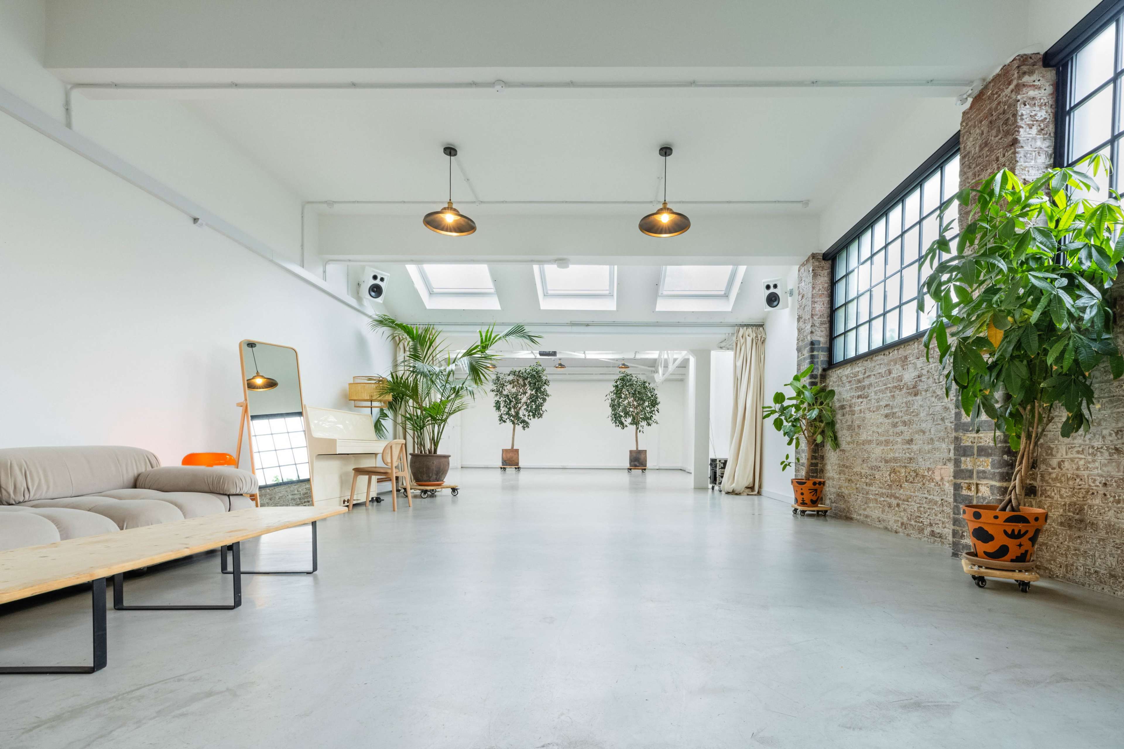 A spacious, bright room with a sofa, wooden coffee table, plants in pots, and large windows allowing natural light.