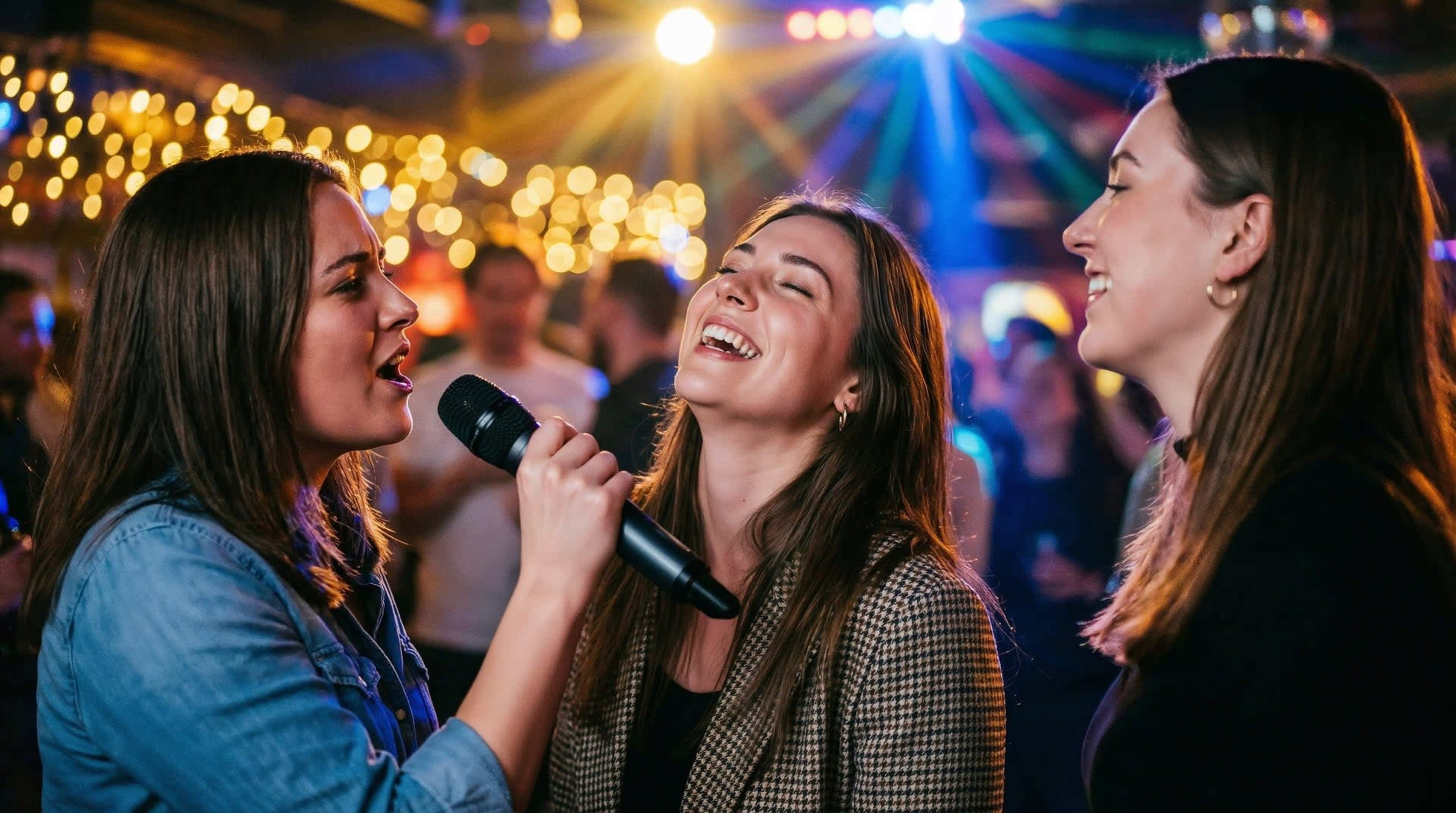 Three women sing together at a lively party with colorful lights and a crowd in the background.