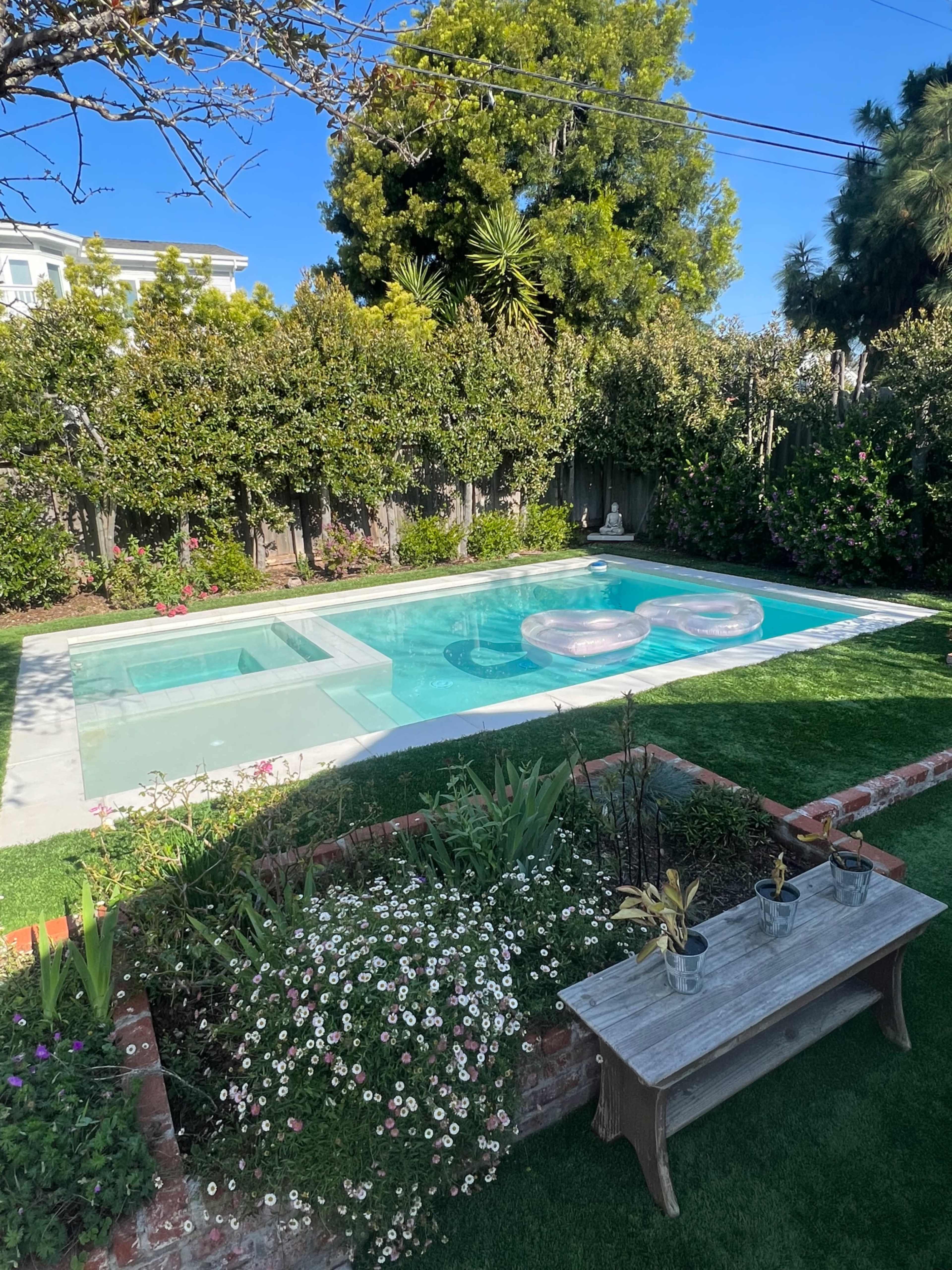 A backyard with a swimming pool surrounded by greenery, including bushes and flowers, and a wooden bench in the foreground.