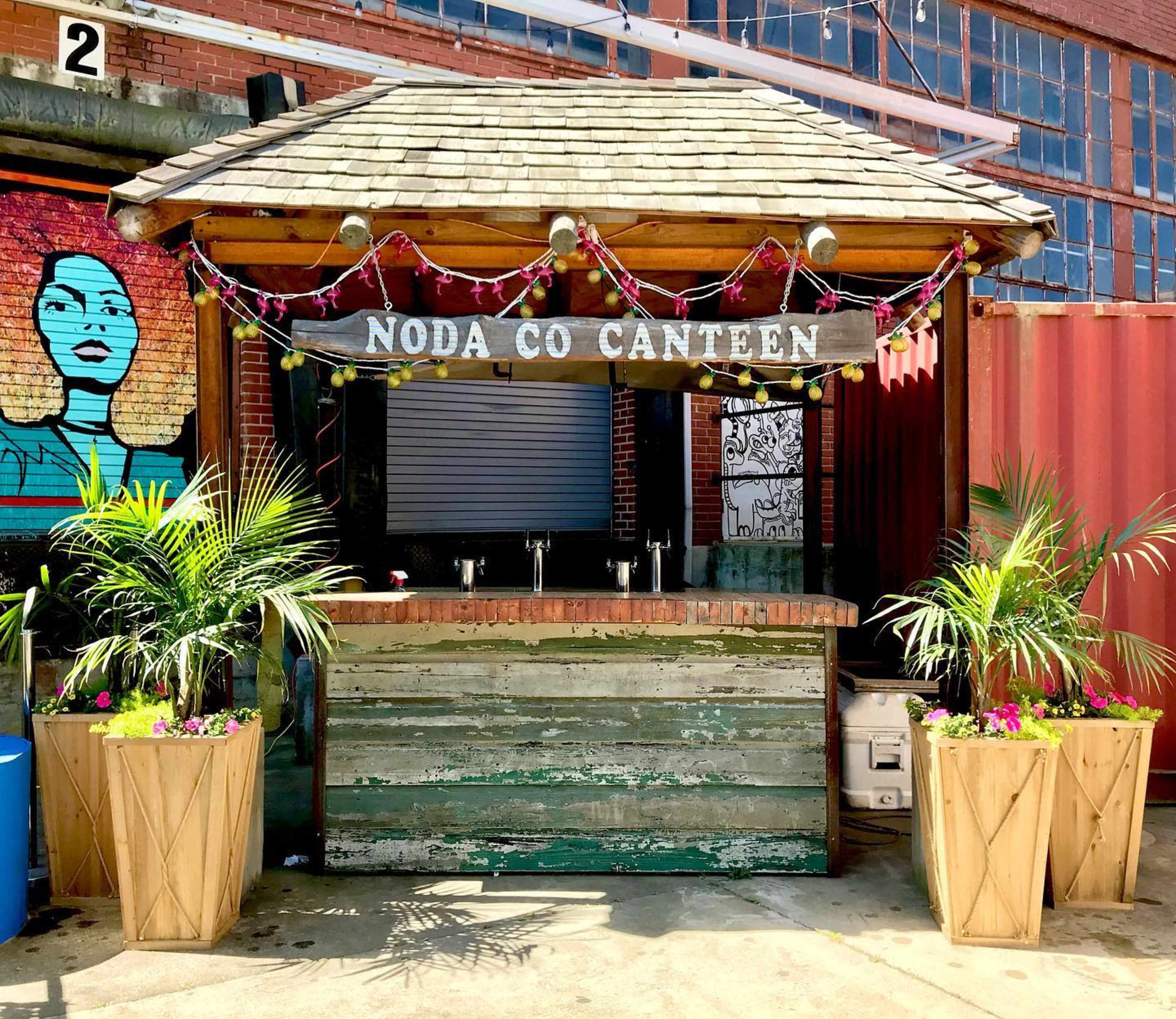 A wooden outdoor bar structure with the sign "NODA CO CANTEEN" and decorated with string lights and potted plants.