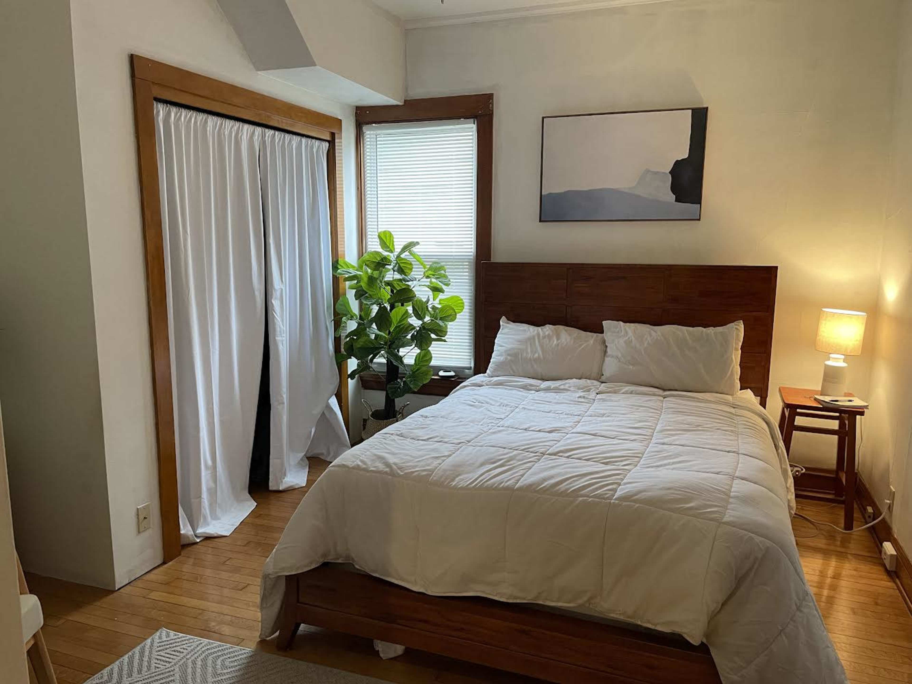 A bedroom features a wood-framed bed with a white comforter, a small bedside table with a lamp, a potted plant by the window, and a curtain-covered closet.