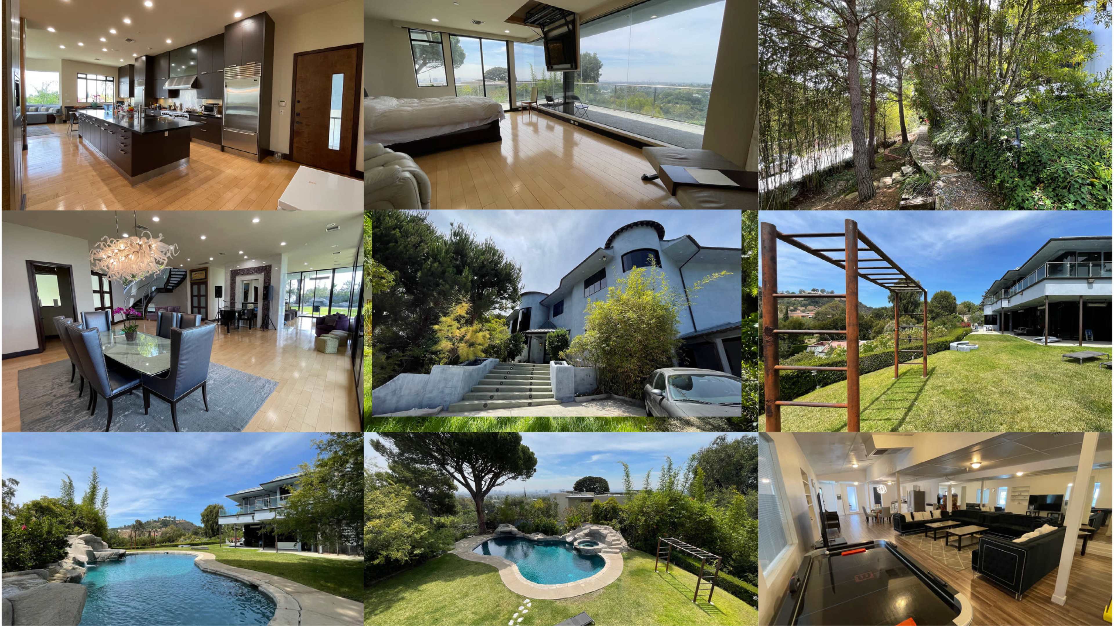 A collage of various scenes from a modern residential property, including a kitchen, living areas, outdoor spaces with a pool, and views of the surrounding landscape.