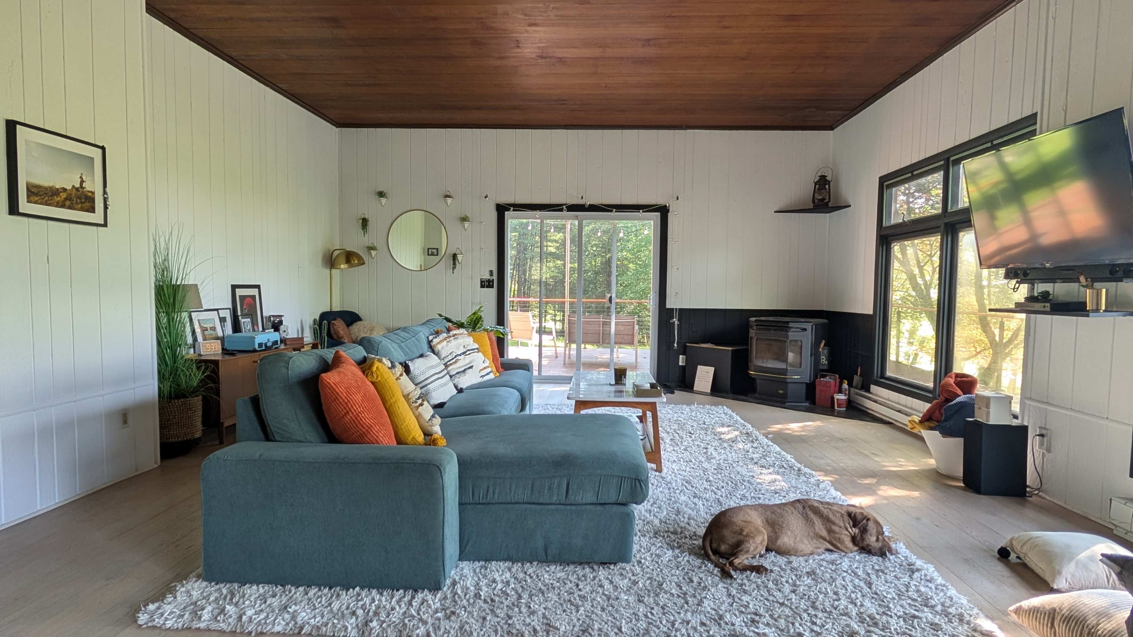 A spacious living room features a large blue sectional sofa, decorative pillows, a sliding glass door leading to an outdoor deck, and a dog sleeping on a white rug.