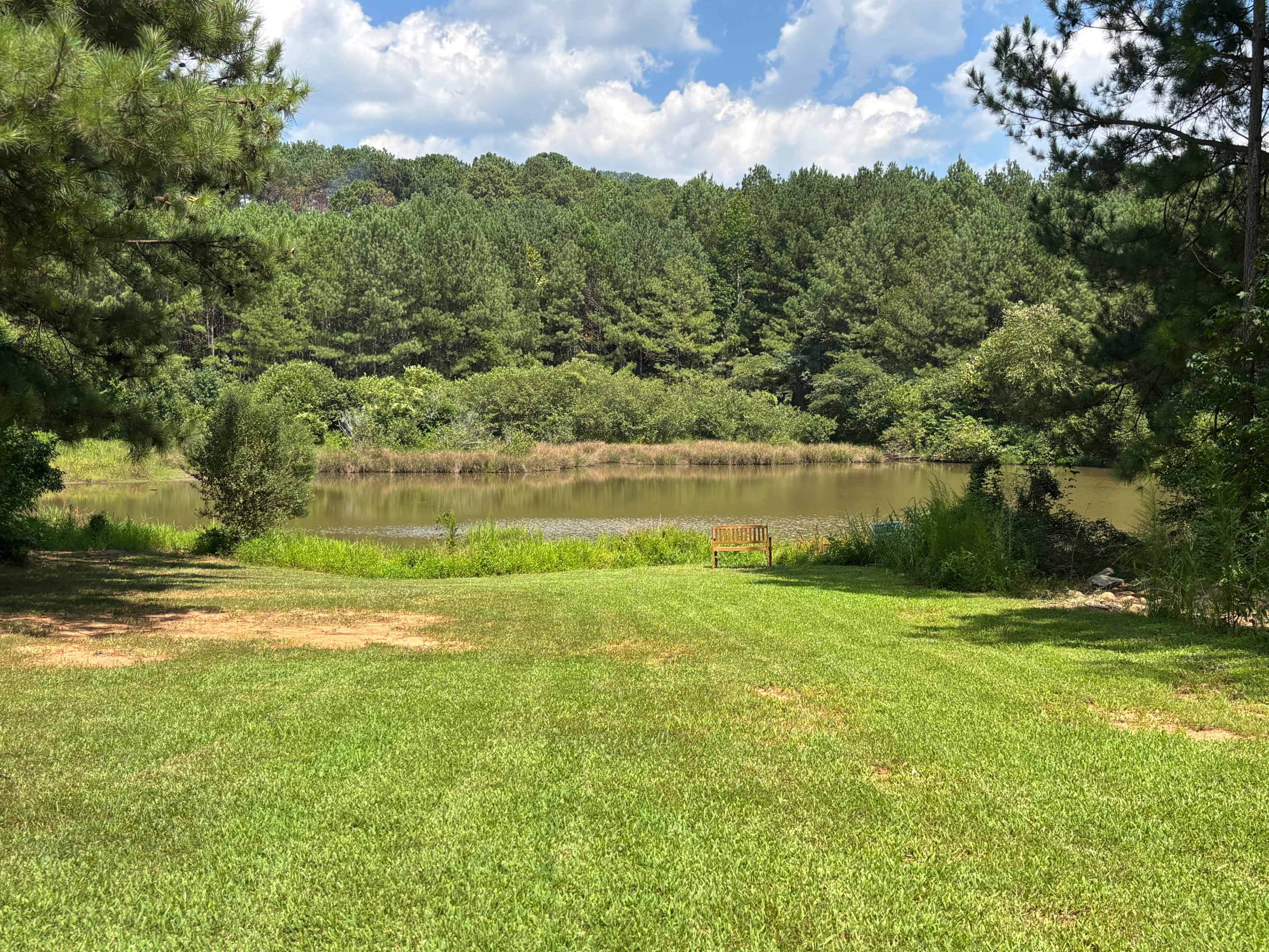 A grassy area leads to a calm pond surrounded by trees and under a partly cloudy sky.