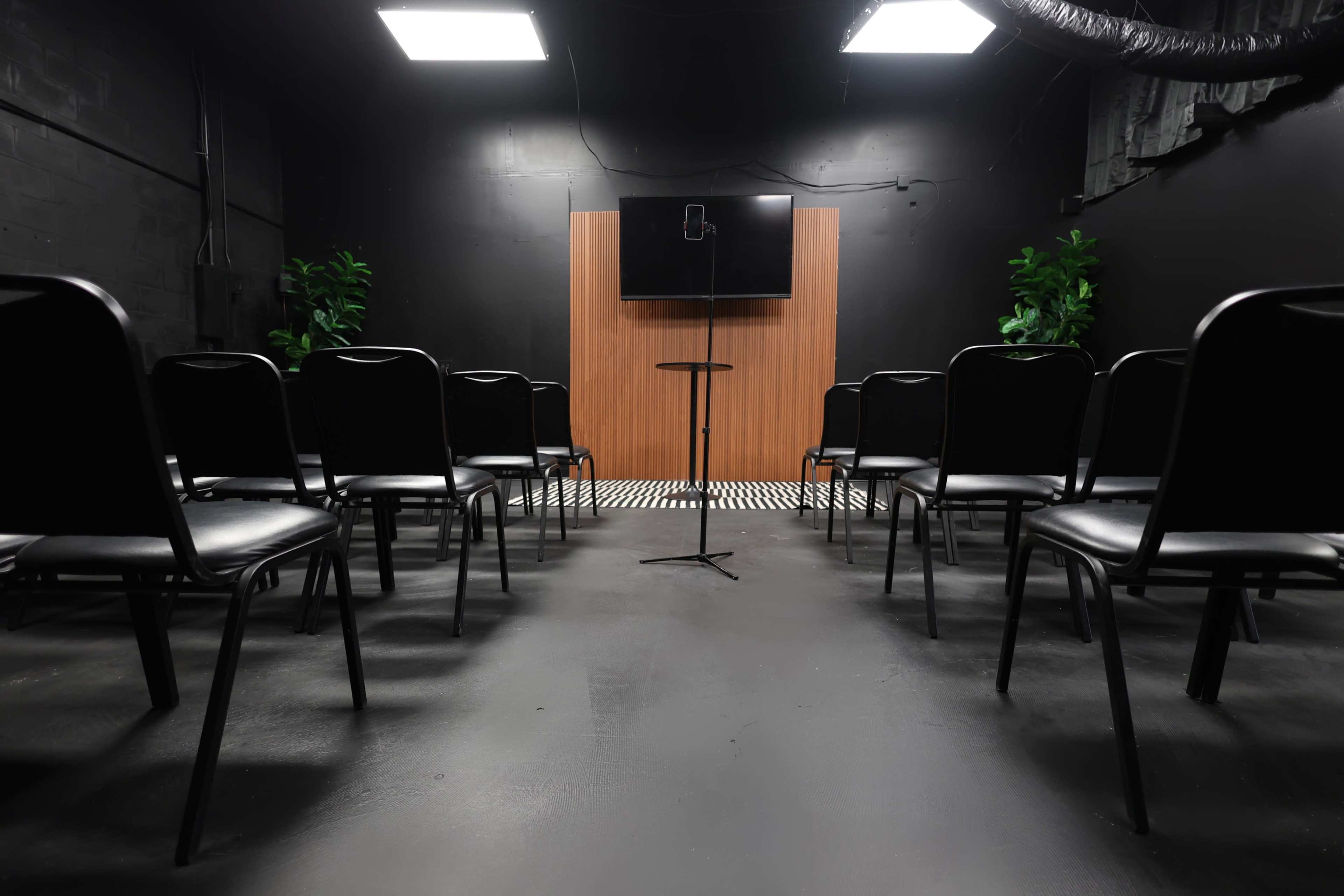 A dimly lit room features black chairs arranged in a semicircle around a central podium and a screen mounted on a wooden backdrop, with greenery positioned in the corners.