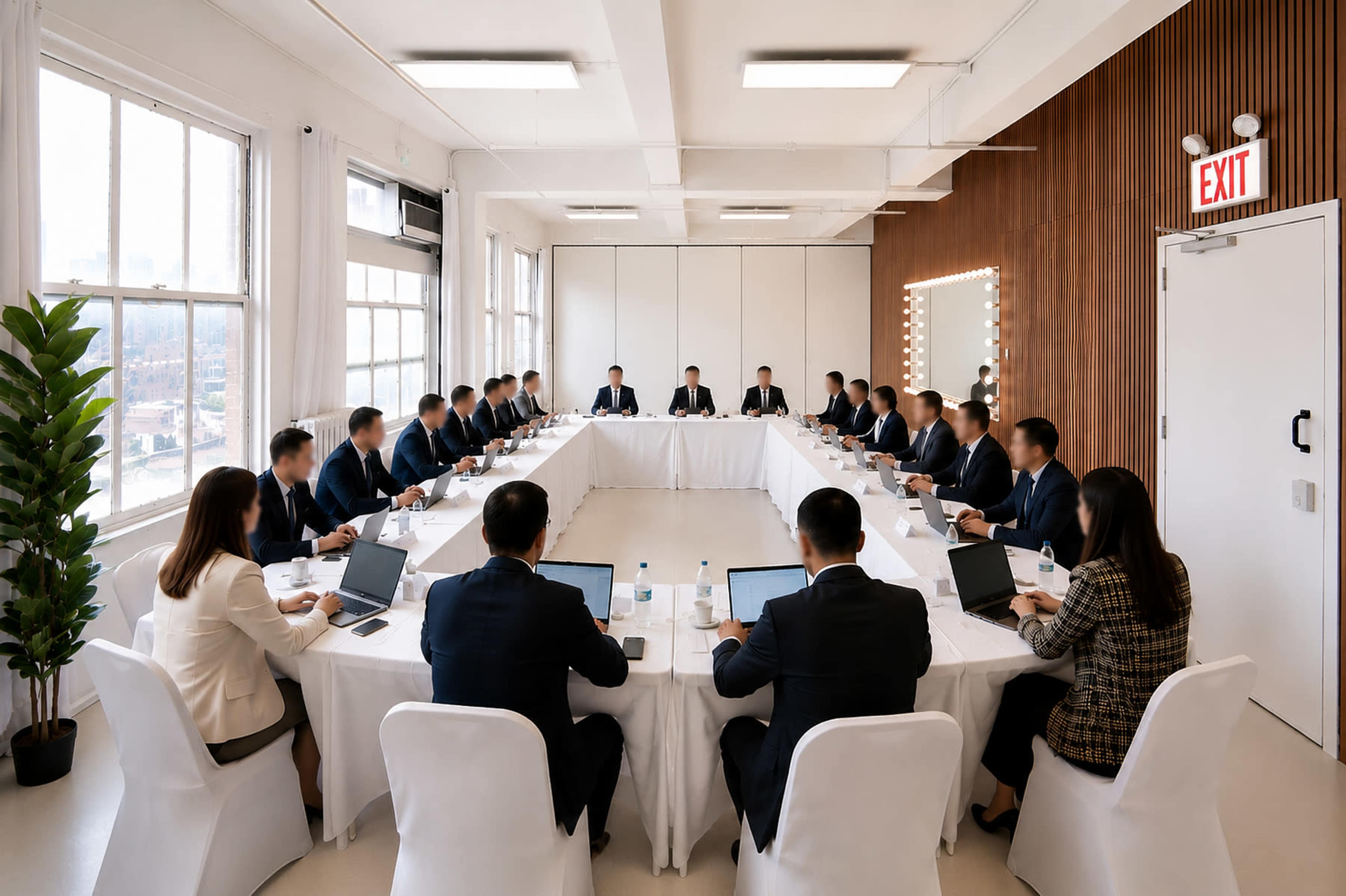 A large conference room is set up with a rectangular table surrounded by professionals in suits, all focused on a group of individuals at the far end.