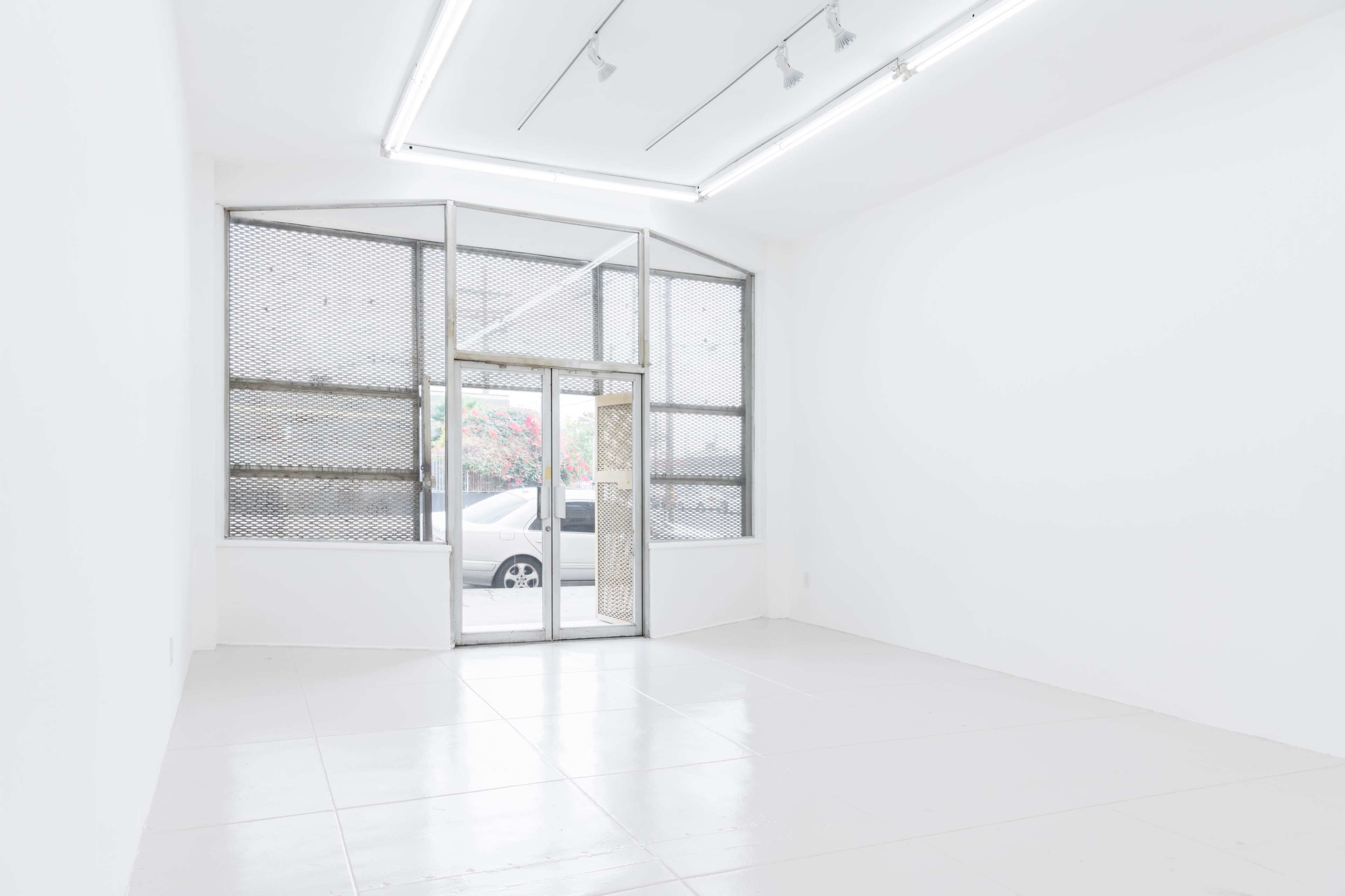 The image shows an empty white gallery space with large windows and a glass door.