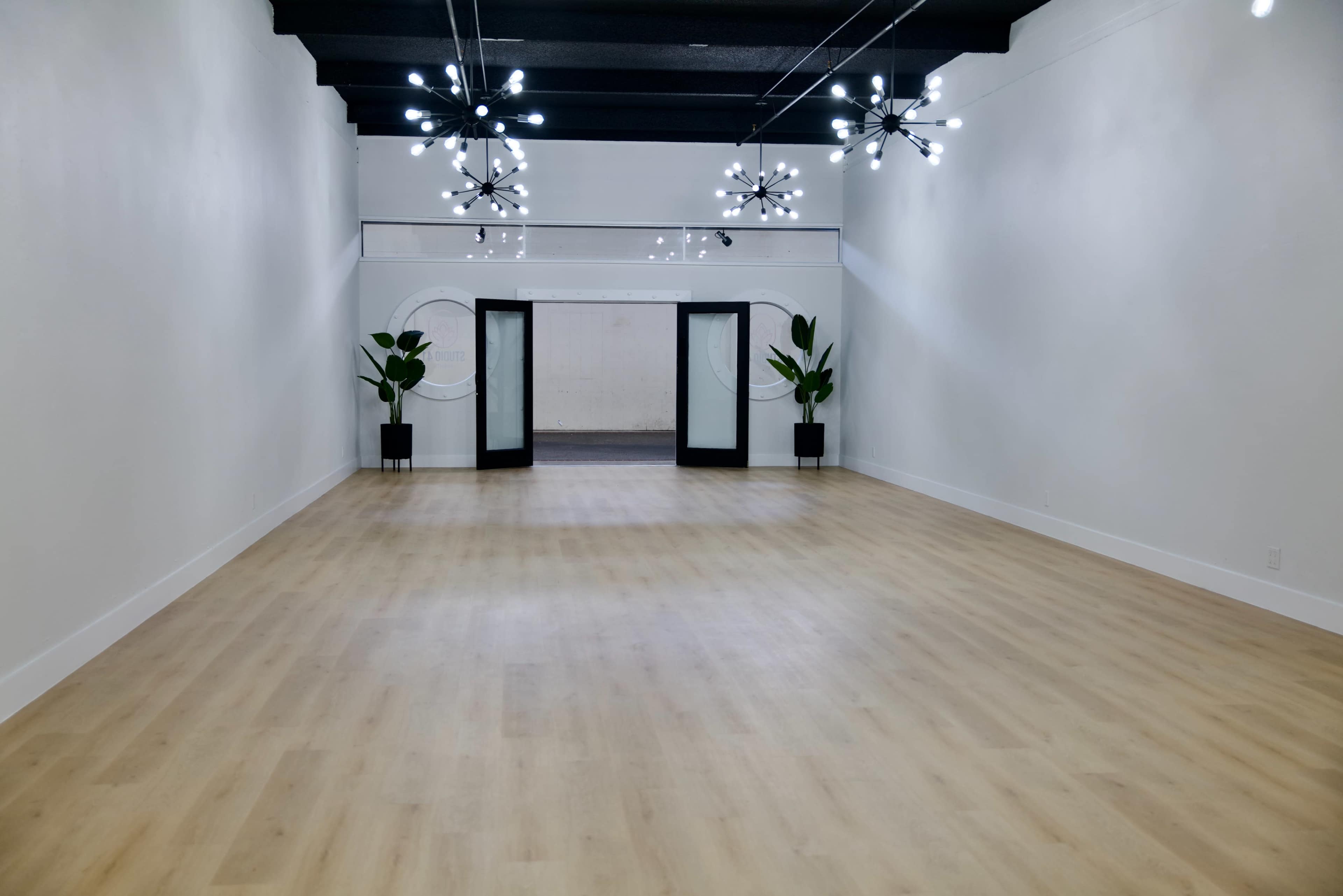 The image shows a spacious, well-lit room with wooden flooring, two plants at the sides, and modern light fixtures hanging from the ceiling.
