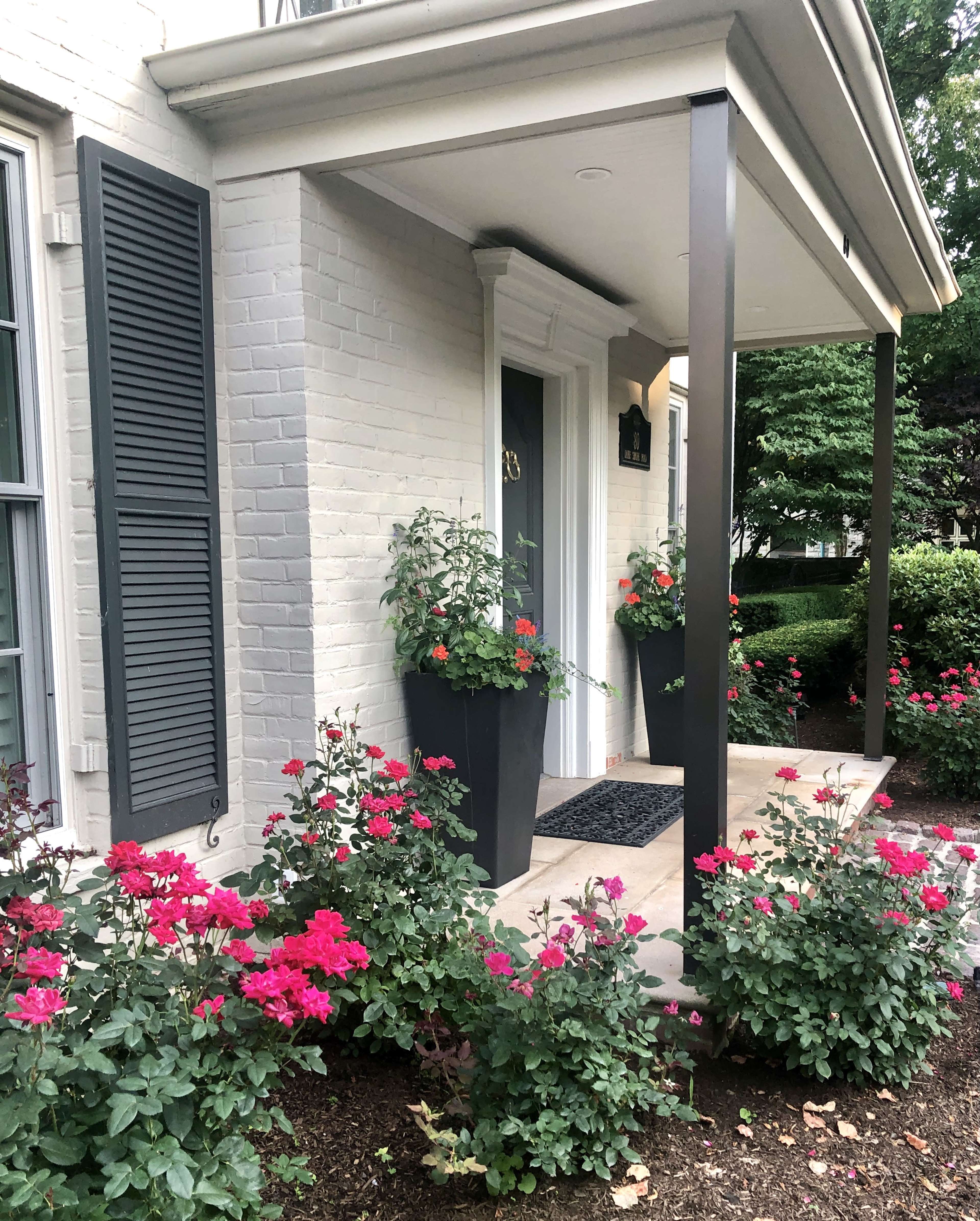 A front porch with two tall planters containing plants, flanked by pink rose bushes and a welcome mat on the tiled entrance.
