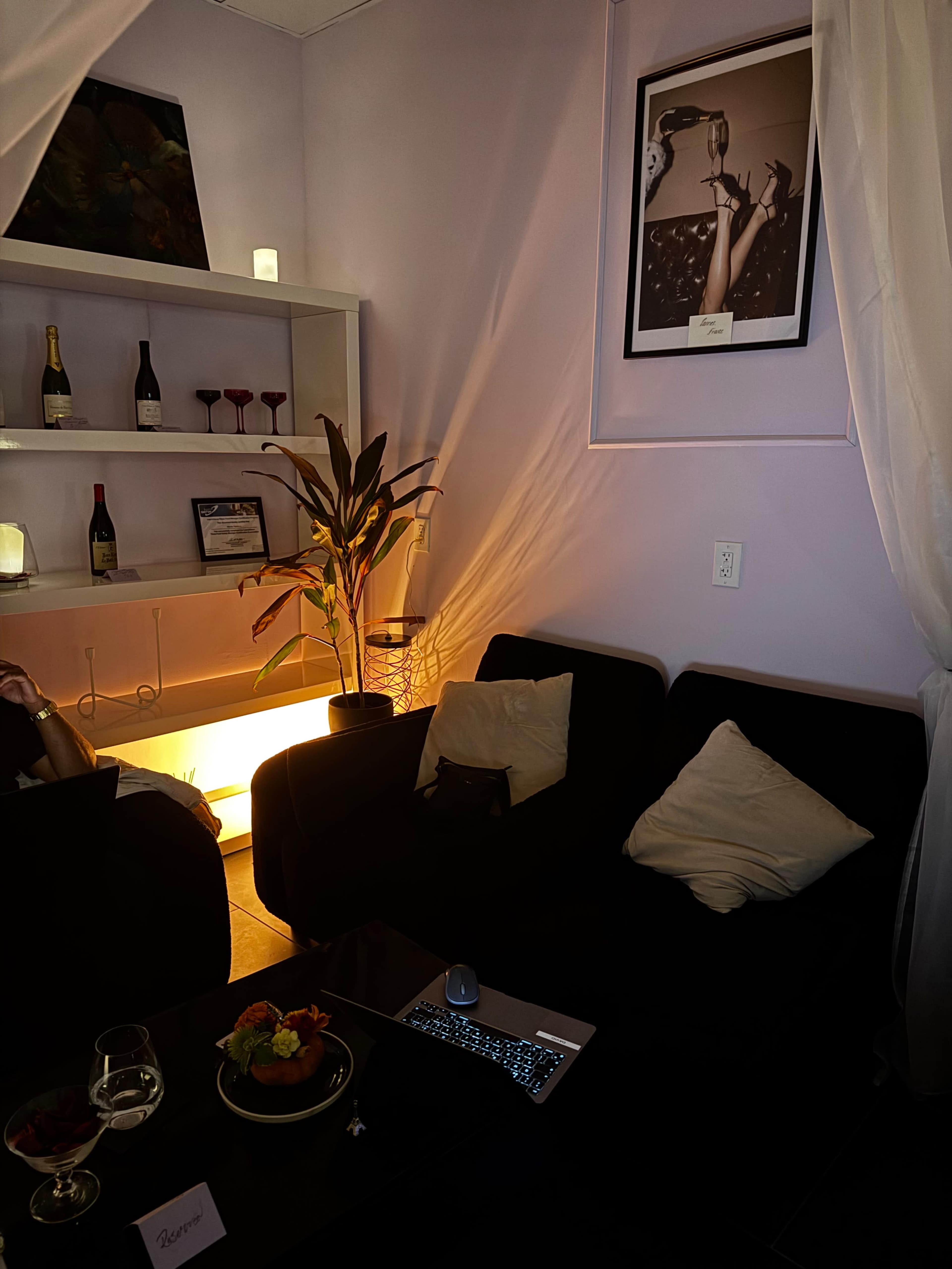 The scene features a cozy lounge area with a black sofa adorned with cushions, a decorative plant, a shelf displaying bottles and glasses, and dim lighting accentuating a stylish atmosphere.