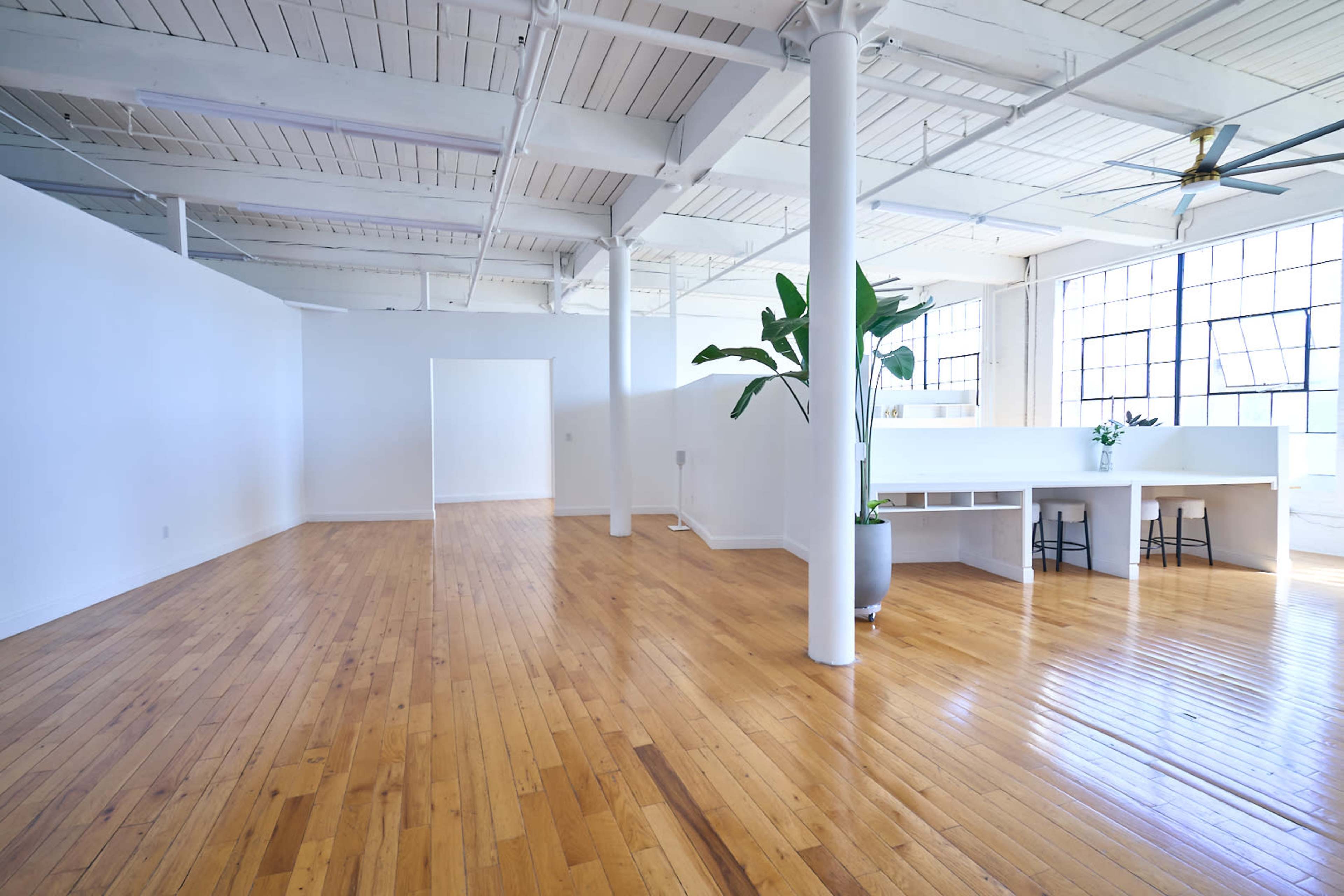 A spacious, empty room with wooden flooring, large windows, and minimal furnishings, featuring a potted plant and a desk area.