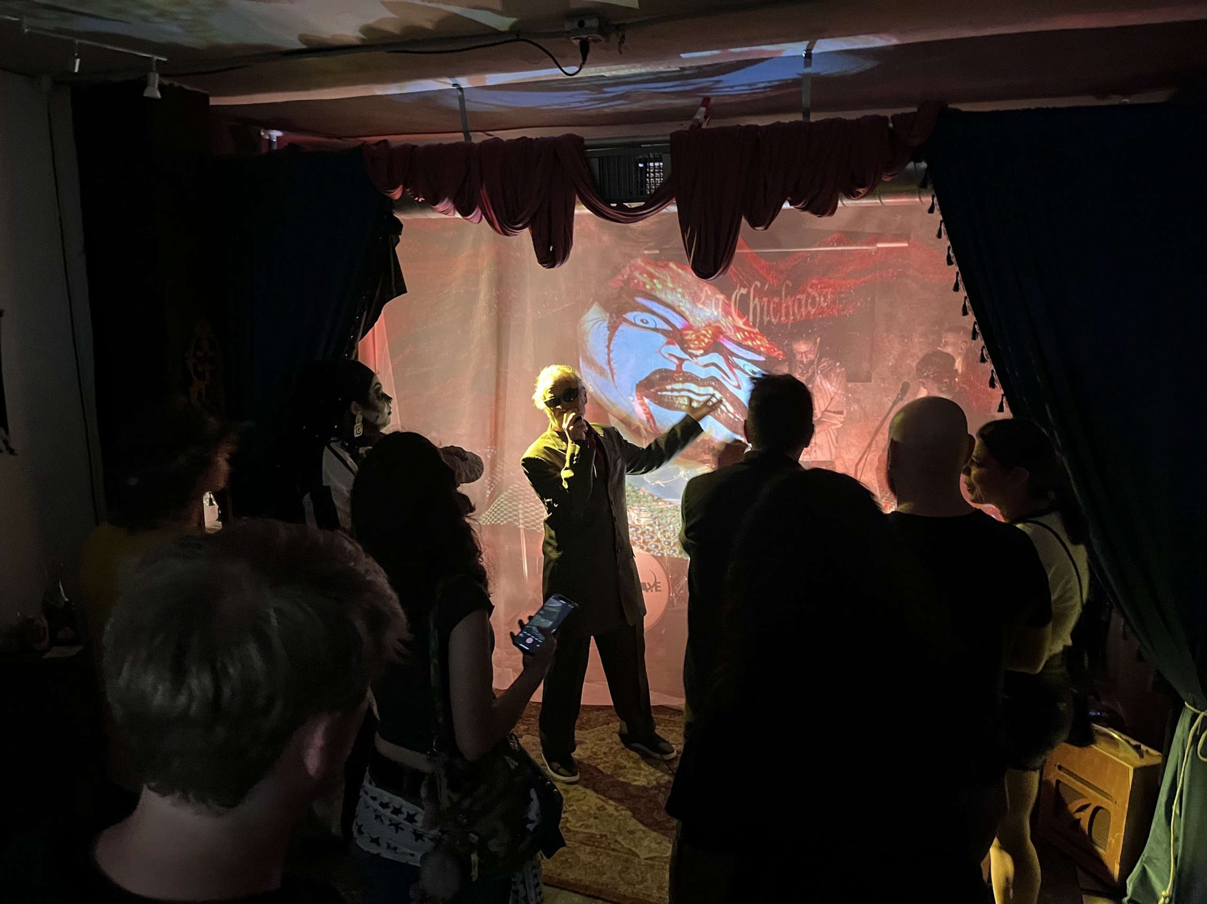 A performer stages a lively presentation in front of a projected backdrop, while an audience watches closely.