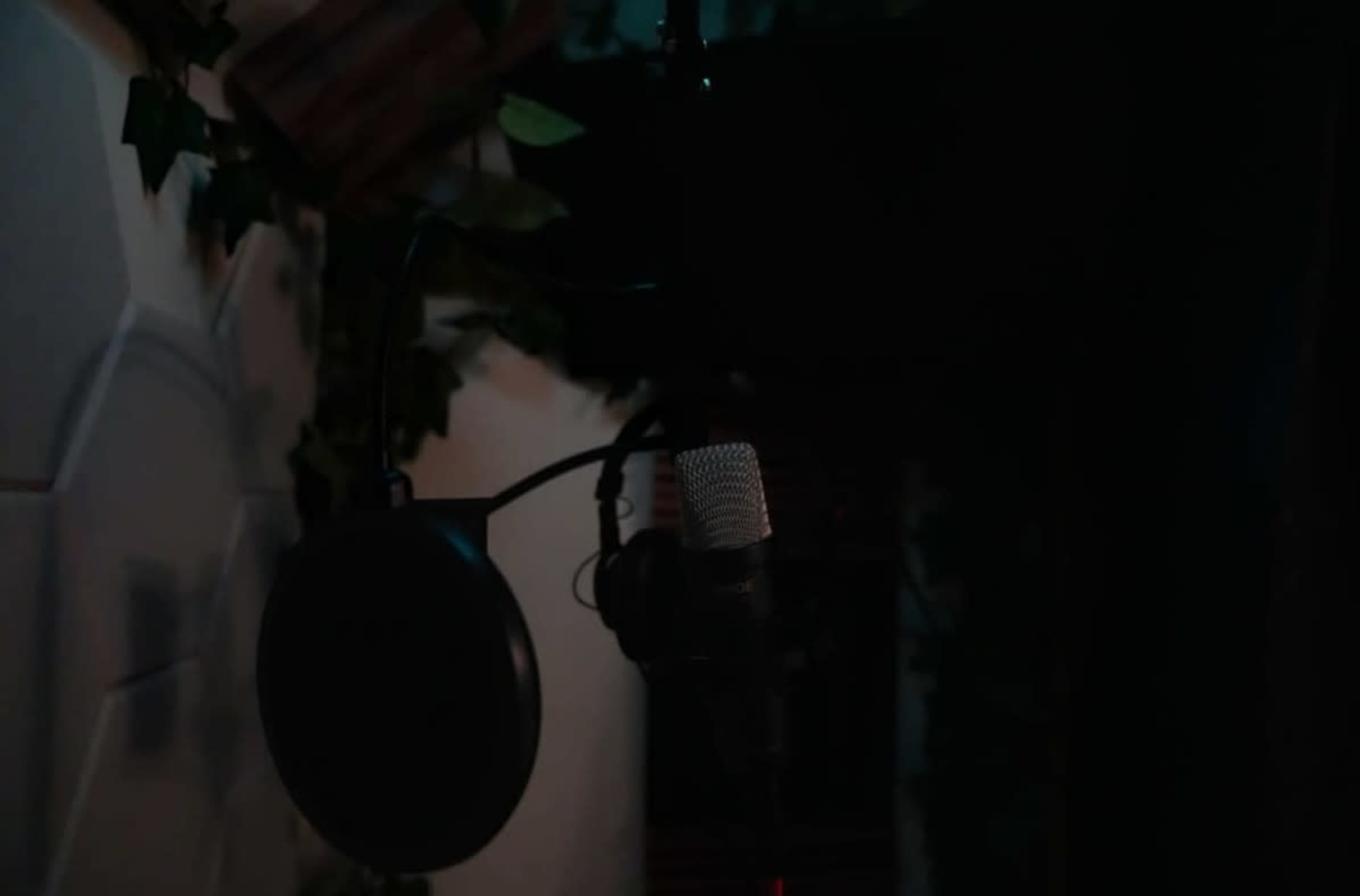 A microphone with a pop filter is mounted on a stand in a dimly lit corner adorned with greenery.