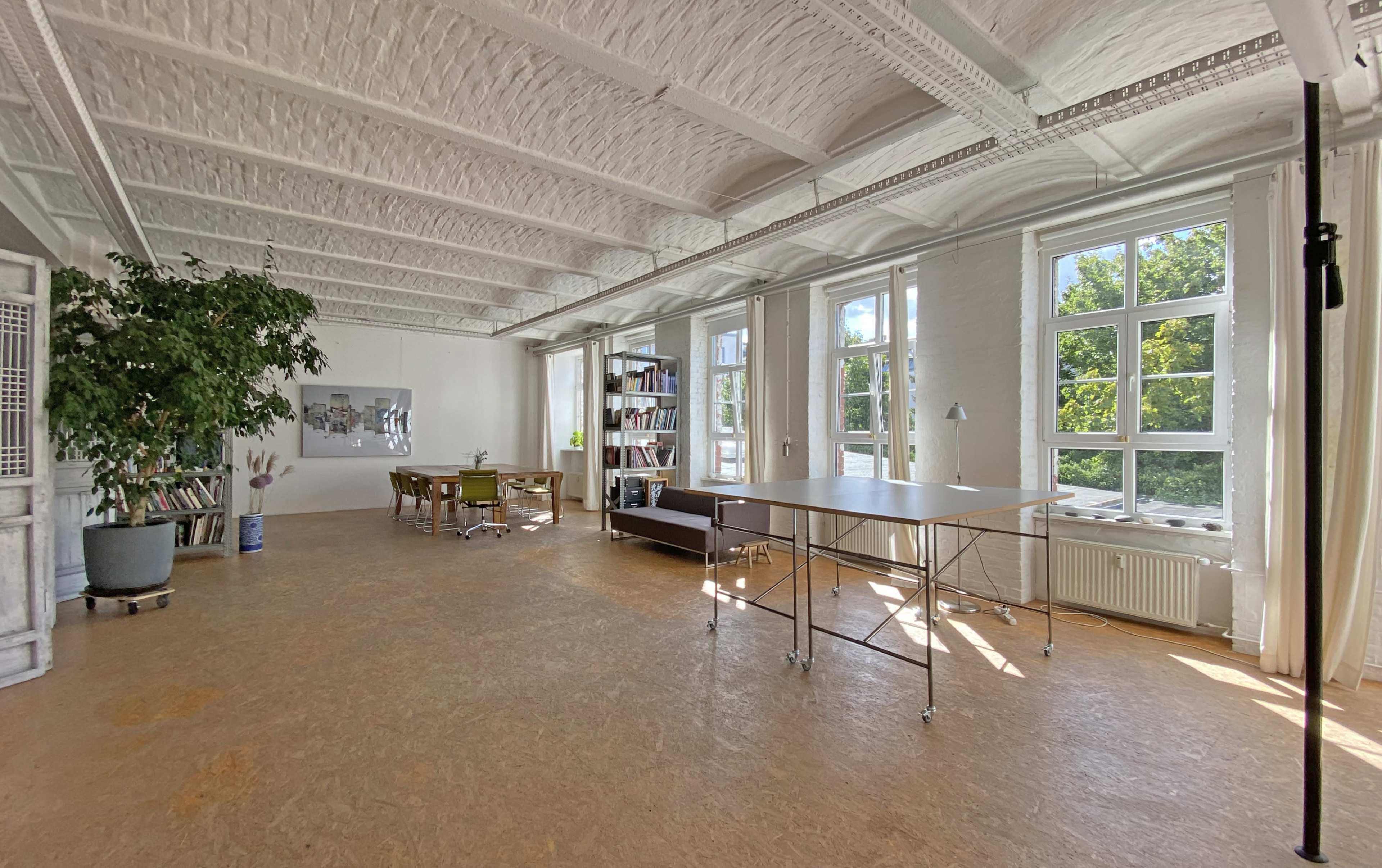A spacious, well-lit room with large windows, a plant in the corner, bookshelves along the wall, and a central table surrounded by chairs.