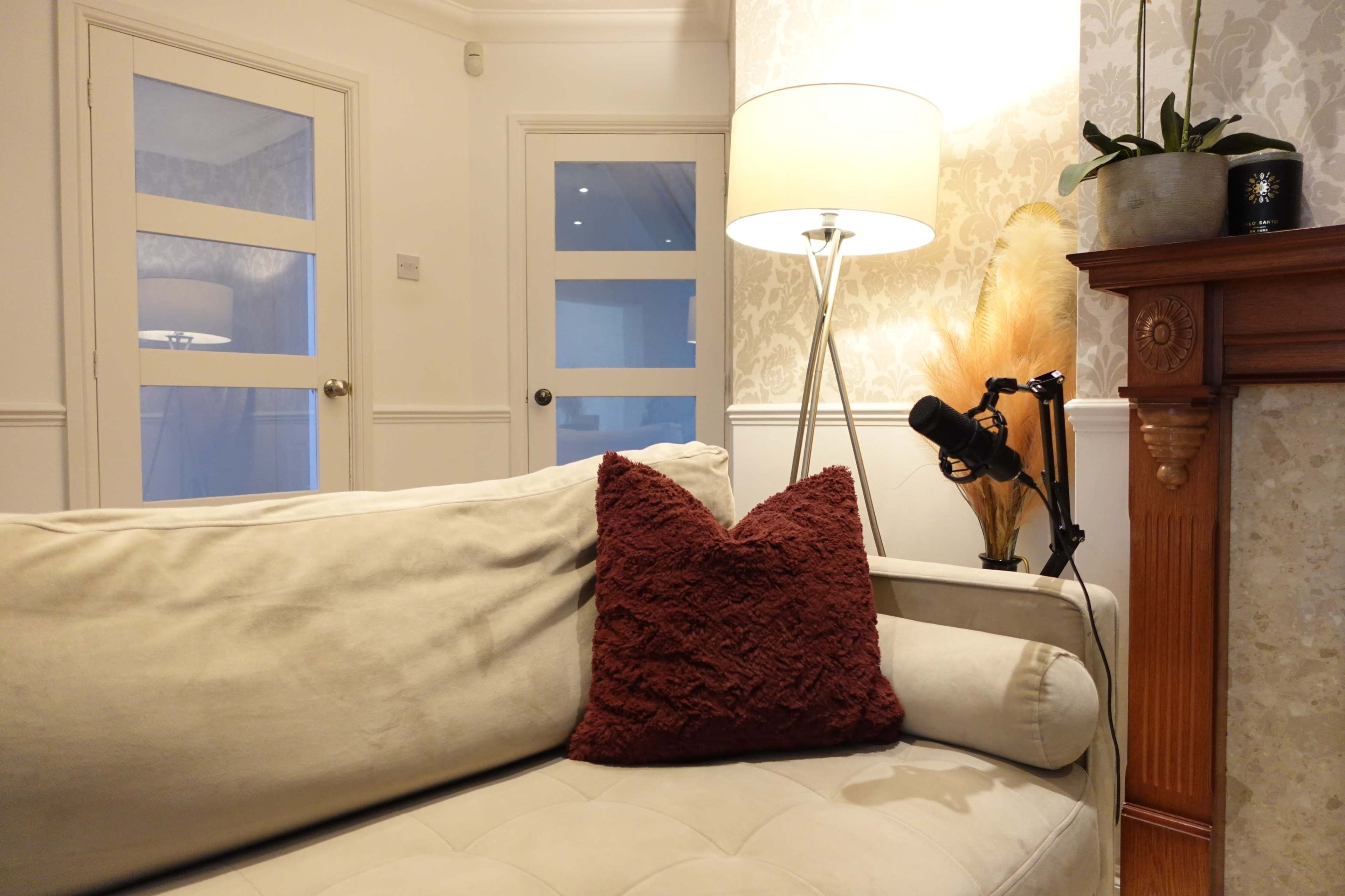 A cozy living room scene features a beige sofa with a textured maroon pillow, a floor lamp, and a decorative plant beside a fireplace.