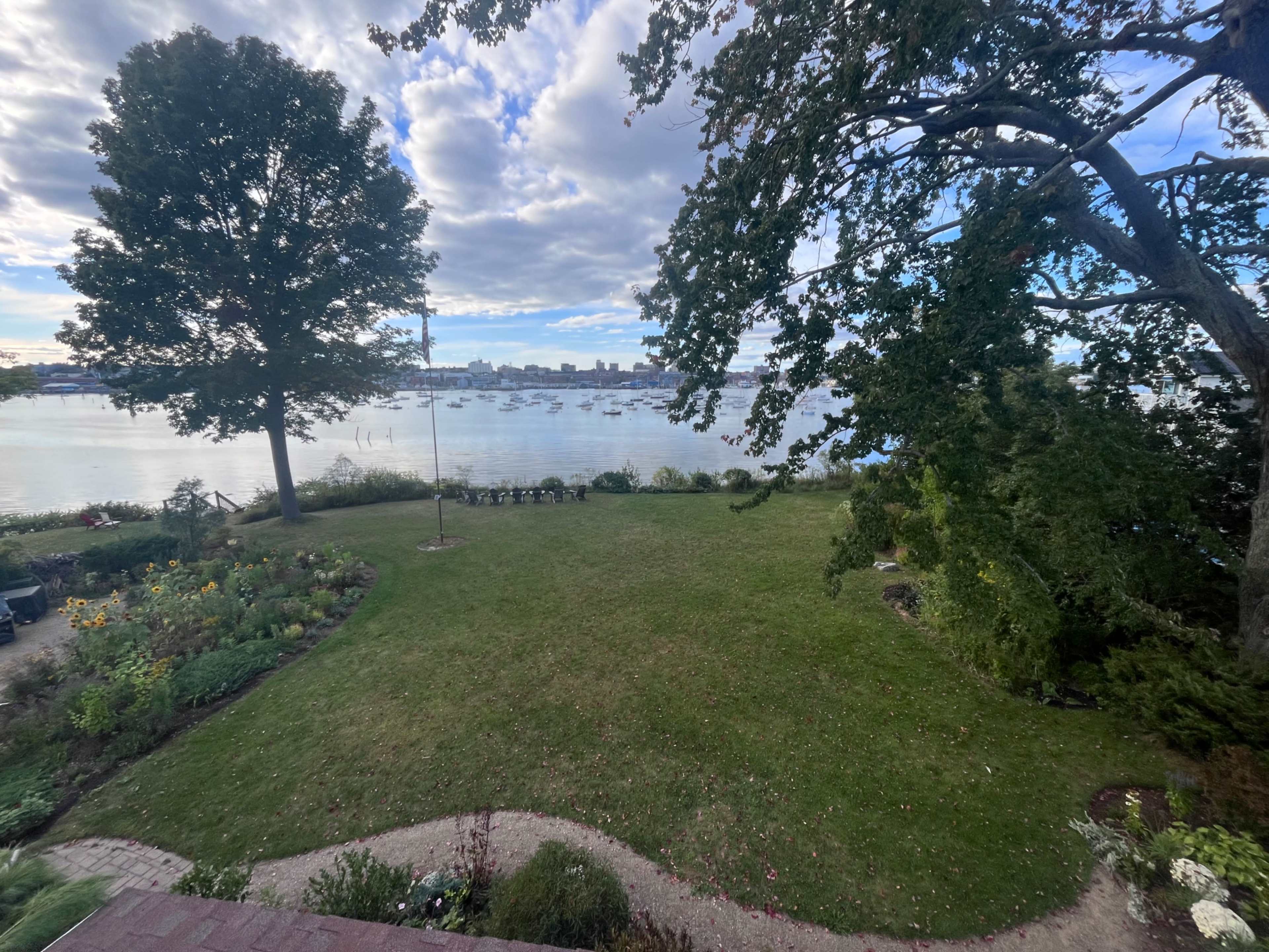 The image shows a grassy area by a body of water, framed by trees and with a view of boats in the distance under a cloudy sky.