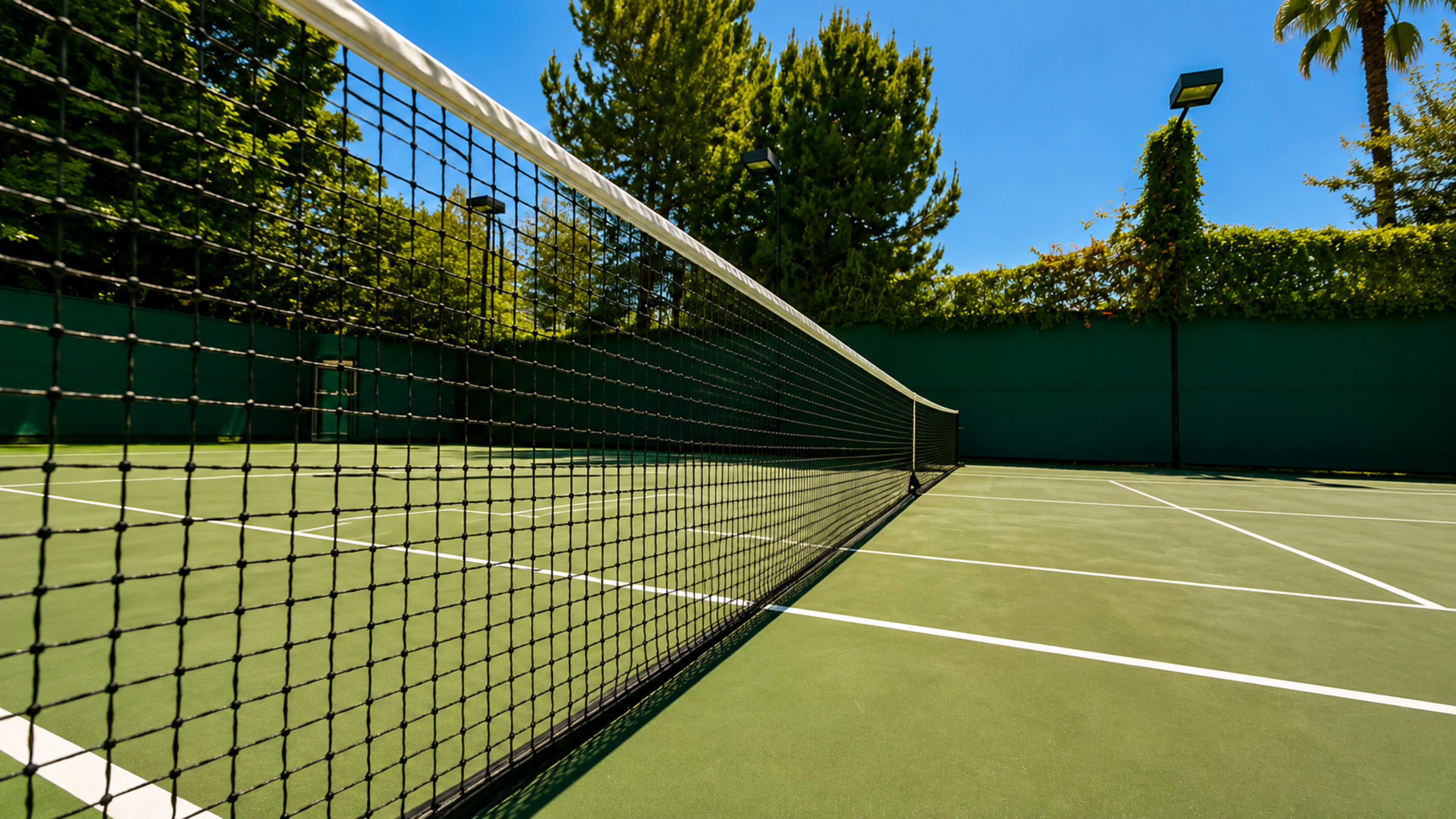 A tennis court with a net in the foreground and trees lining the background under a clear blue sky.