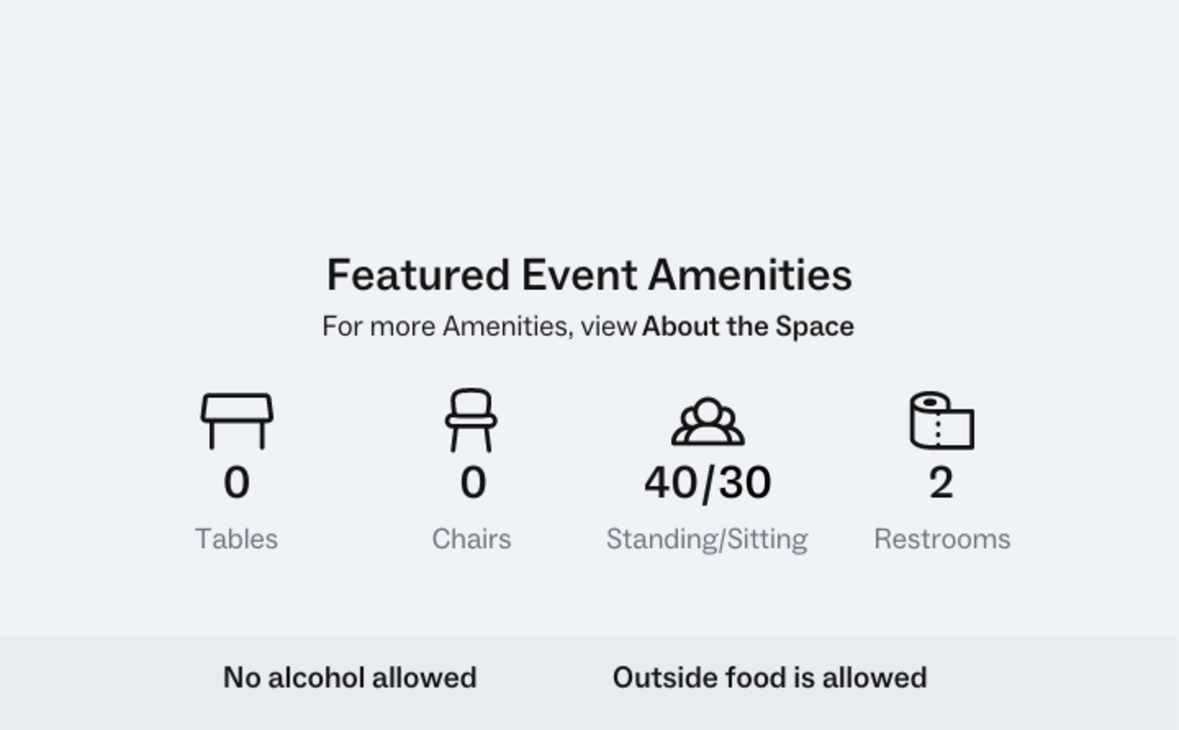 Text regarding featured event amenities, including icons for tables, chairs, capacity for standing/sitting, and restrooms, along with notes on food and alcohol policies.