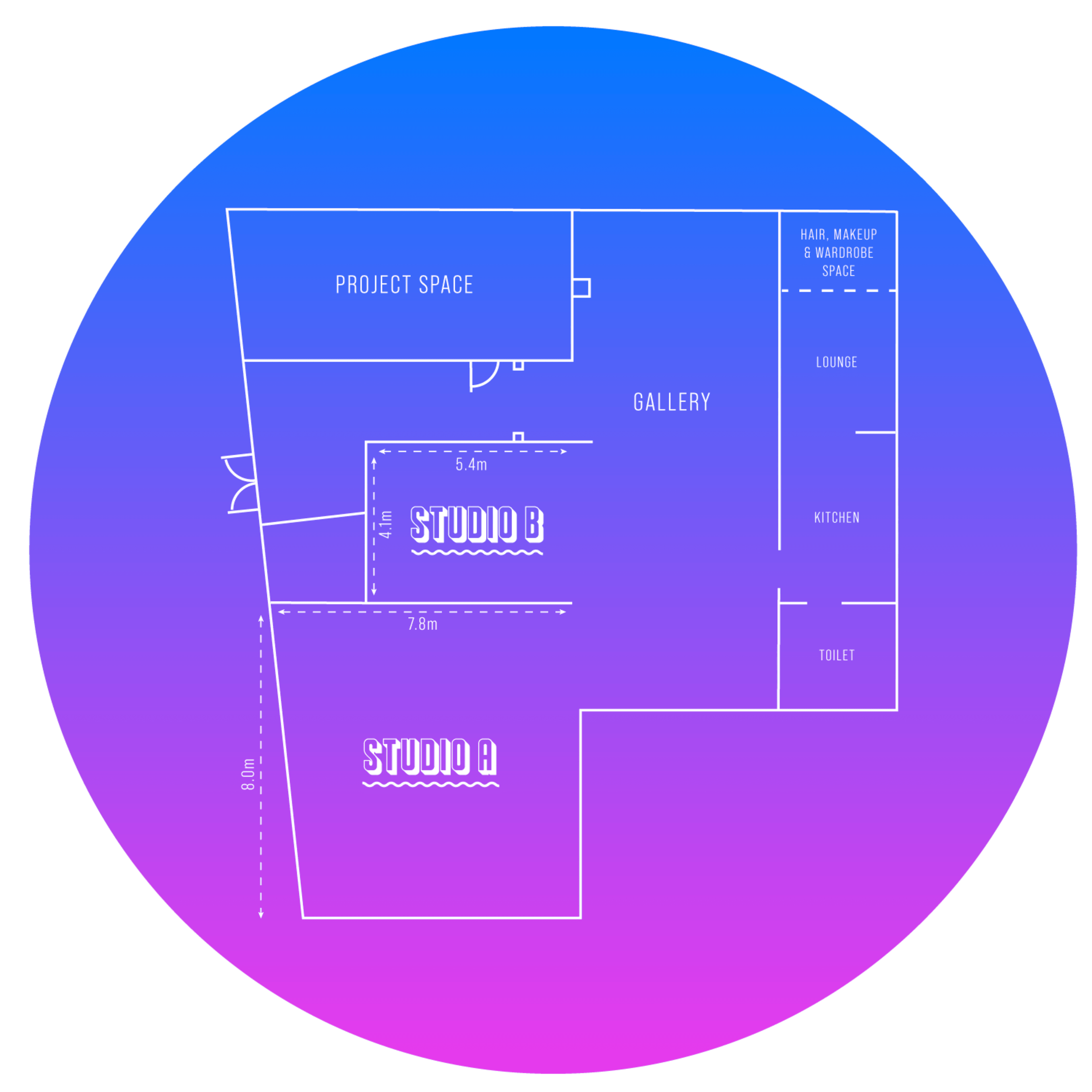 A floor plan for a space with designated areas including Project Space, Gallery, Studio A, Studio B, Lounge, Kitchen, and Toilet.
