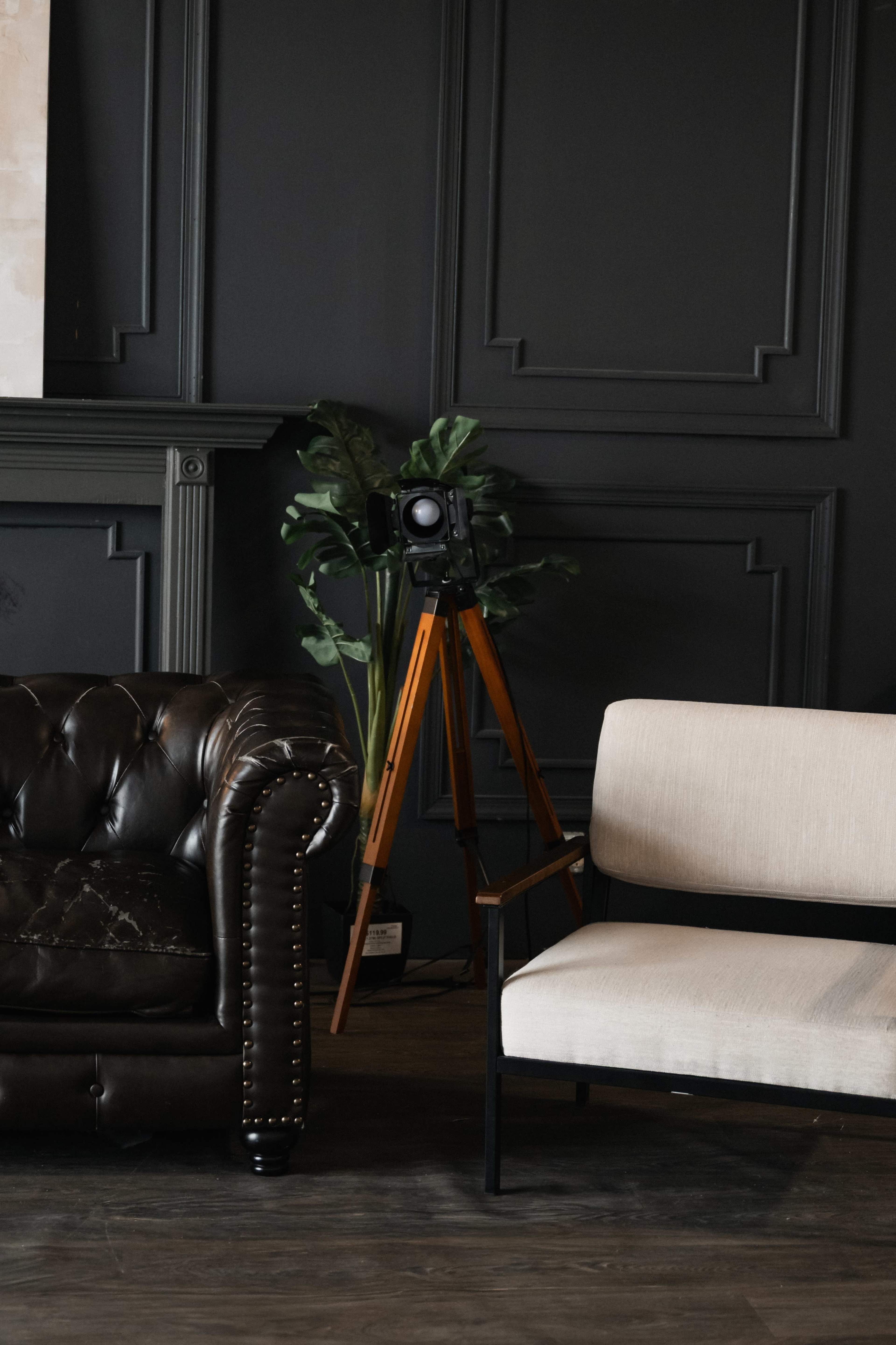 A brown leather chesterfield sofa is positioned next to a light-colored modern chair, with a camera on a tripod and a potted plant in the background against a dark wall.