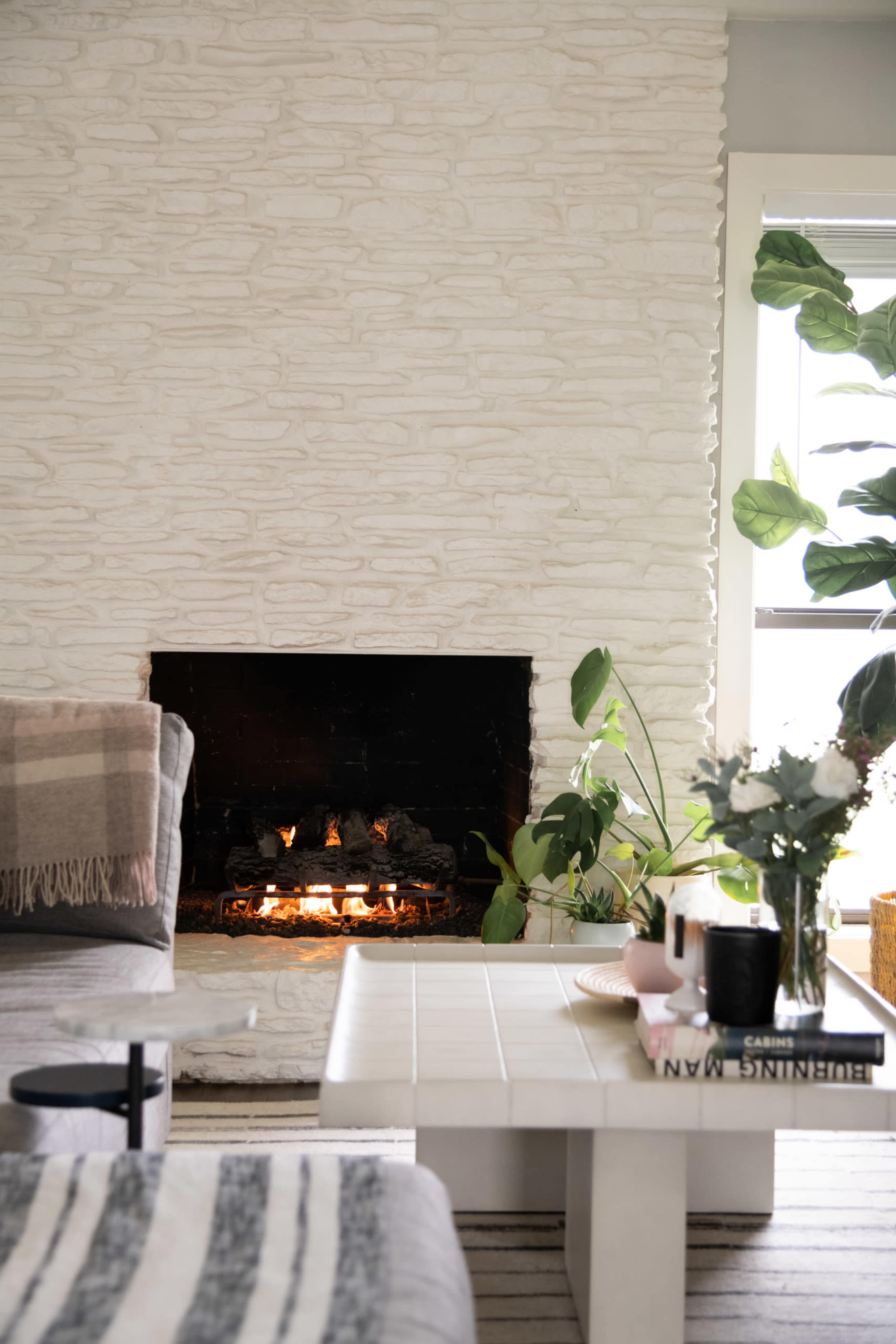 The image shows a cozy living room featuring a stone fireplace with a fire burning, surrounded by indoor plants and a coffee table adorned with flowers and decorative items.