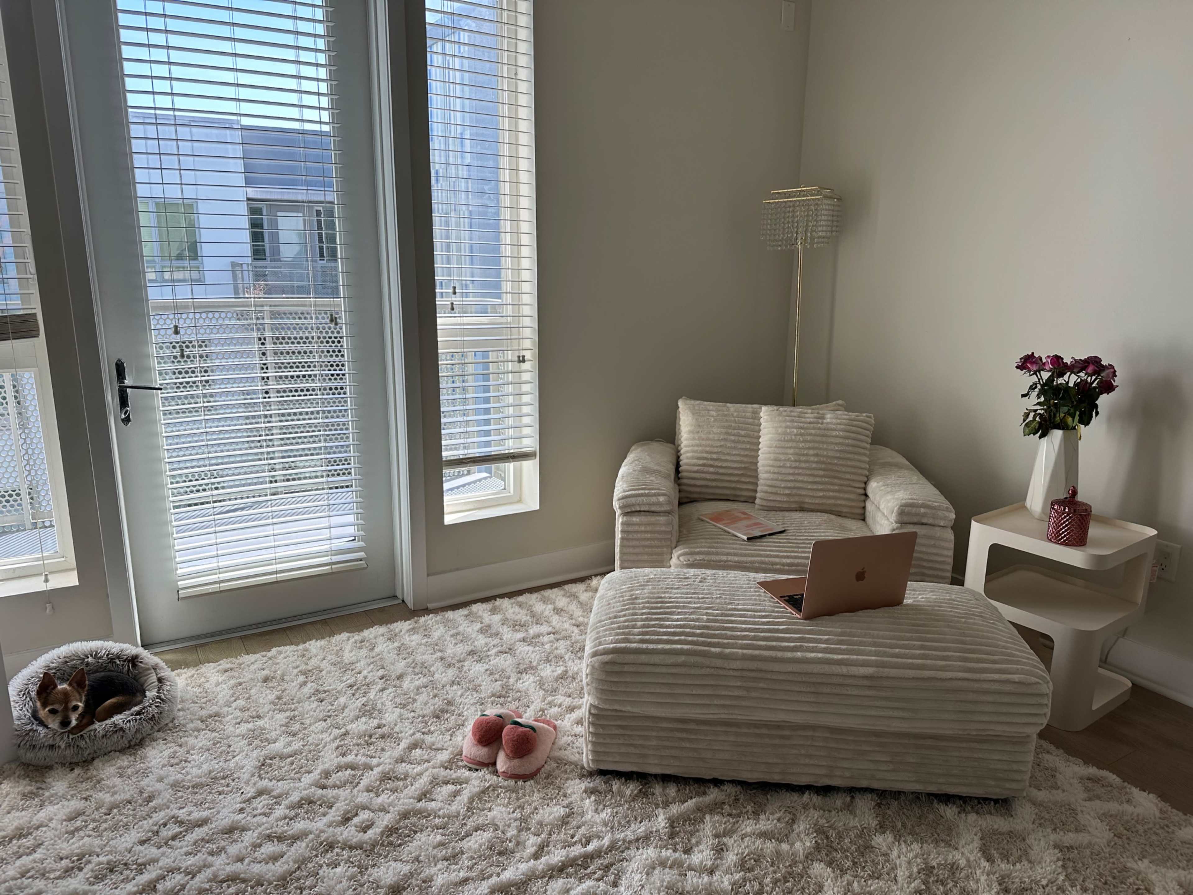 A cozy corner of a living room features a small armchair, an ottoman with a laptop, a dog bed with a puppy, and a table with a vase of flowers.