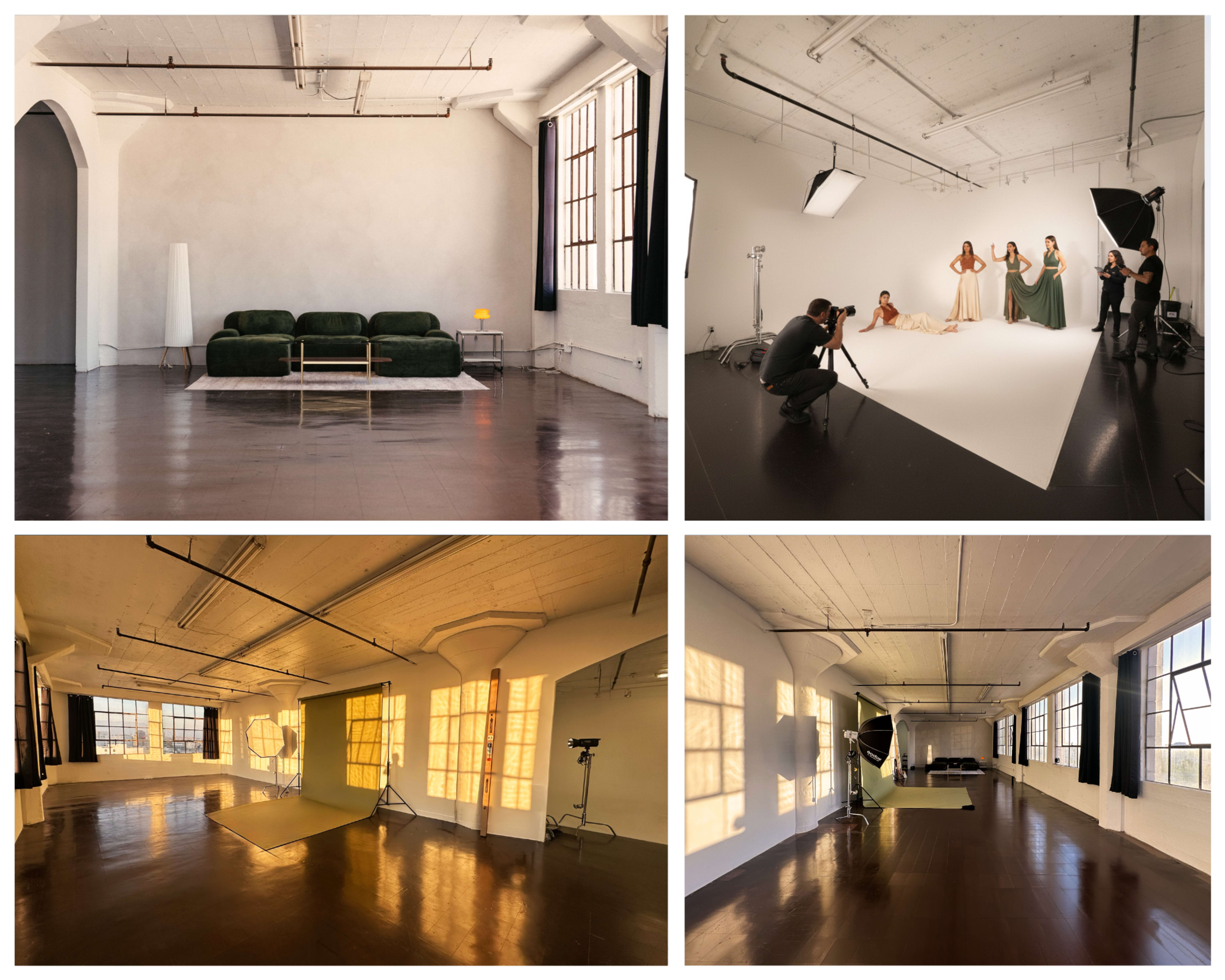 The image shows a collage of three different photography studio scenes, featuring a cozy living area, a photoshoot with models in elegant dresses, and a spacious studio with natural light streaming through large windows.
