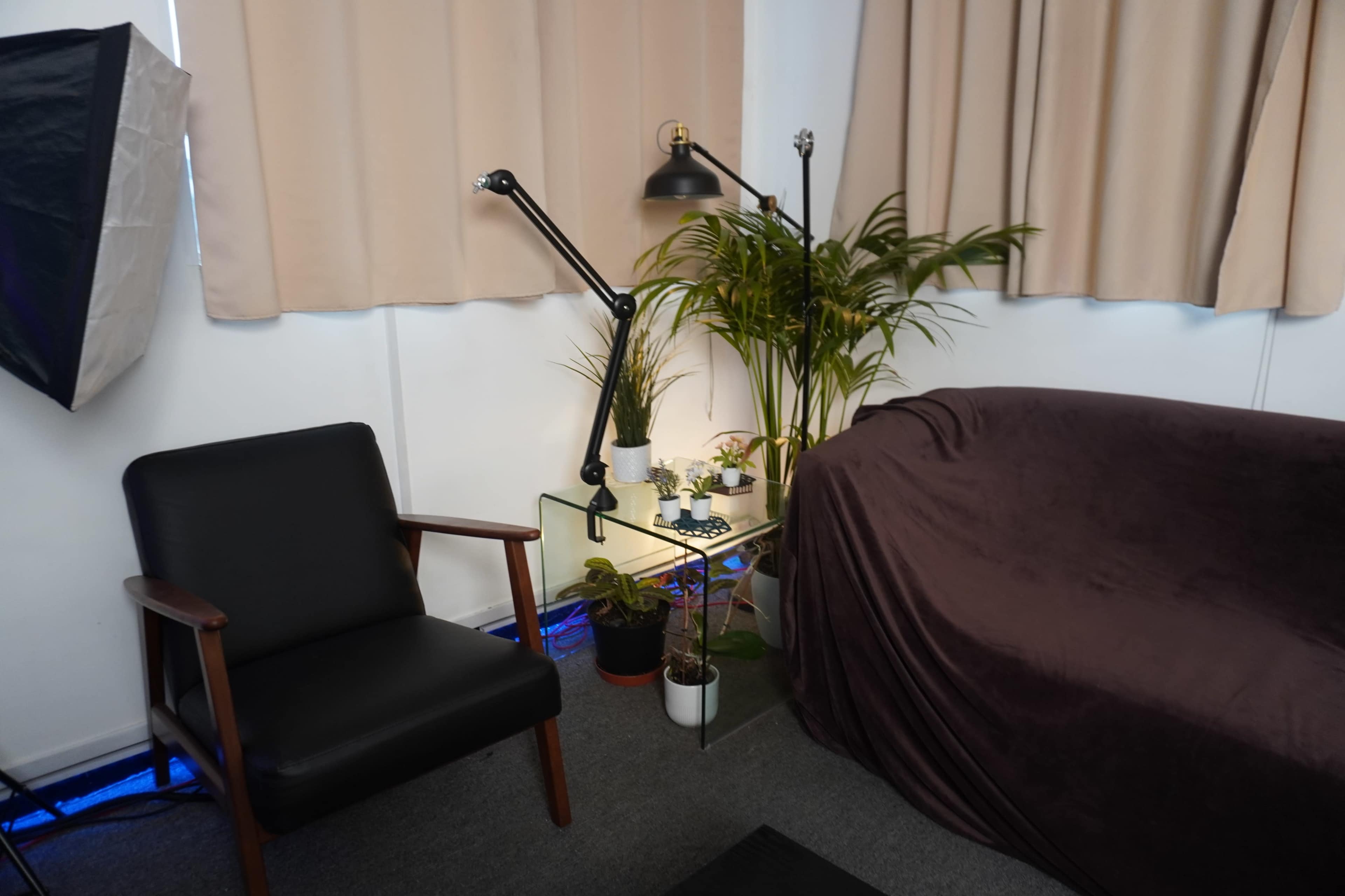 A cozy indoor setting featuring a black chair, a glass table with plants, and a sofa covered with a brown throw, all illuminated by a standing lamp.