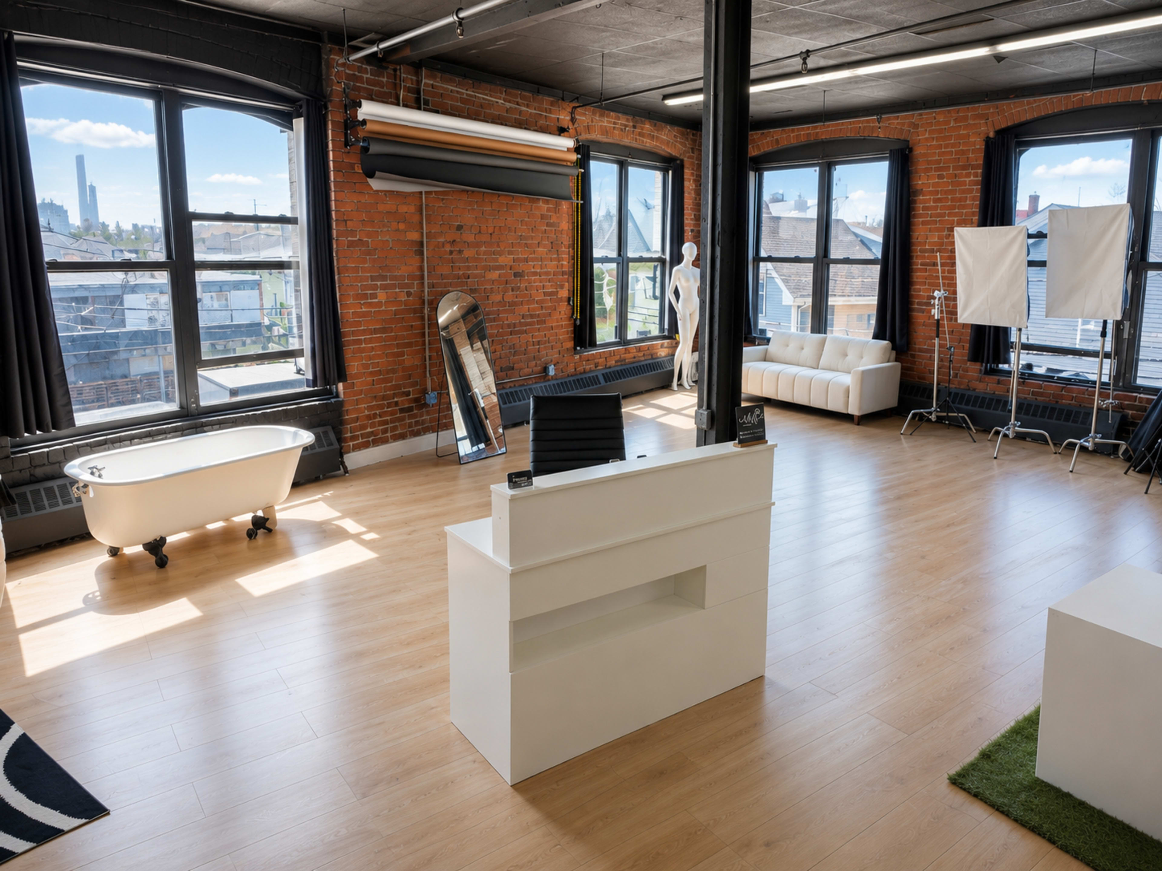 The image shows a spacious studio with large windows, brick walls, a white reception desk, a bathtub, and a couch.