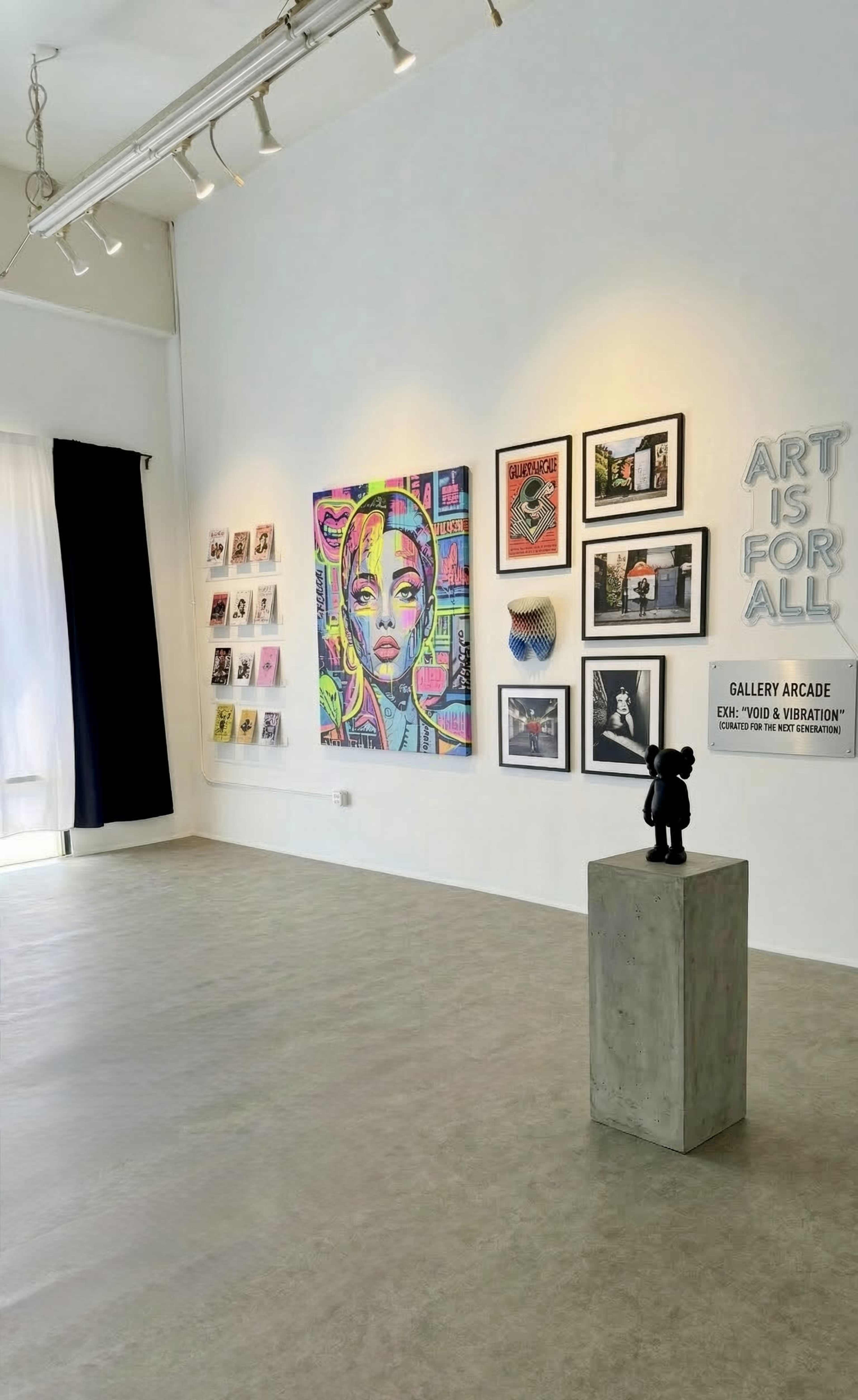 The image shows an art gallery interior with various framed artworks and a sculpture displayed on a pedestal.