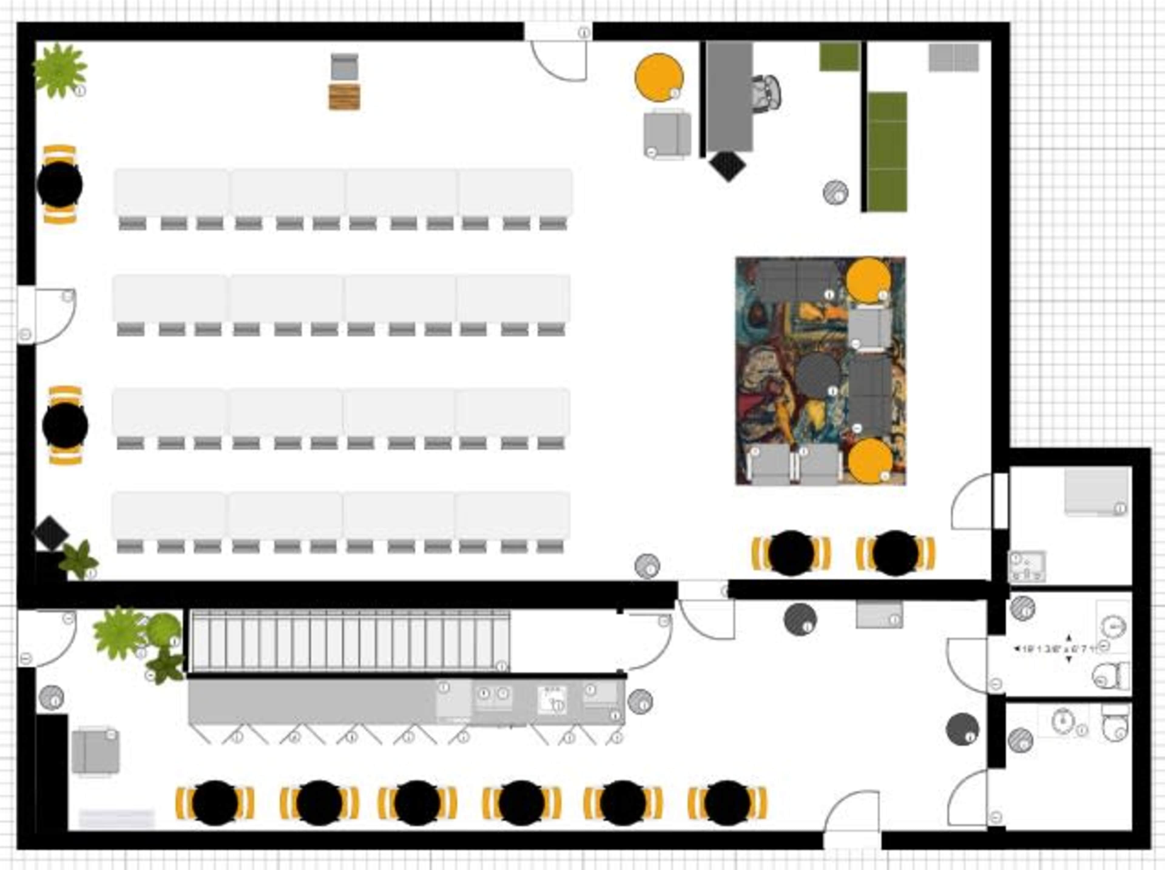 The image shows a floor plan of a spacious layout with designated areas for seating, a kitchen, and a gathering space featuring a central table.