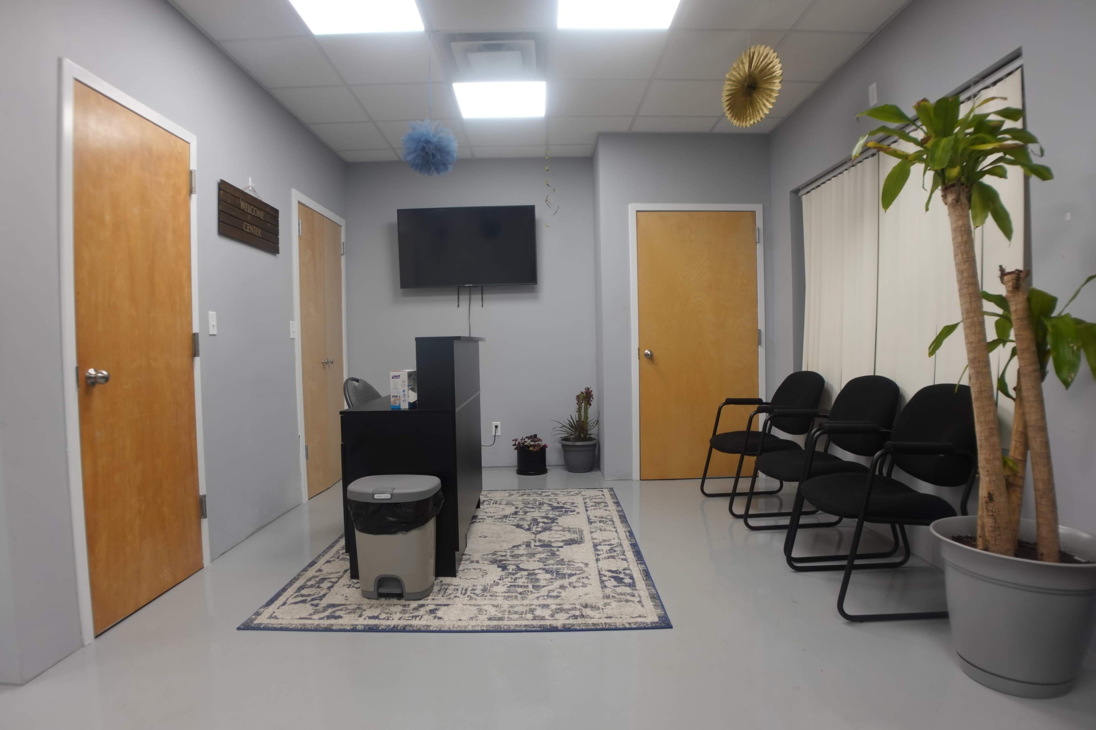 A waiting room with gray walls, a reception desk, chairs, a television, and a potted plant.