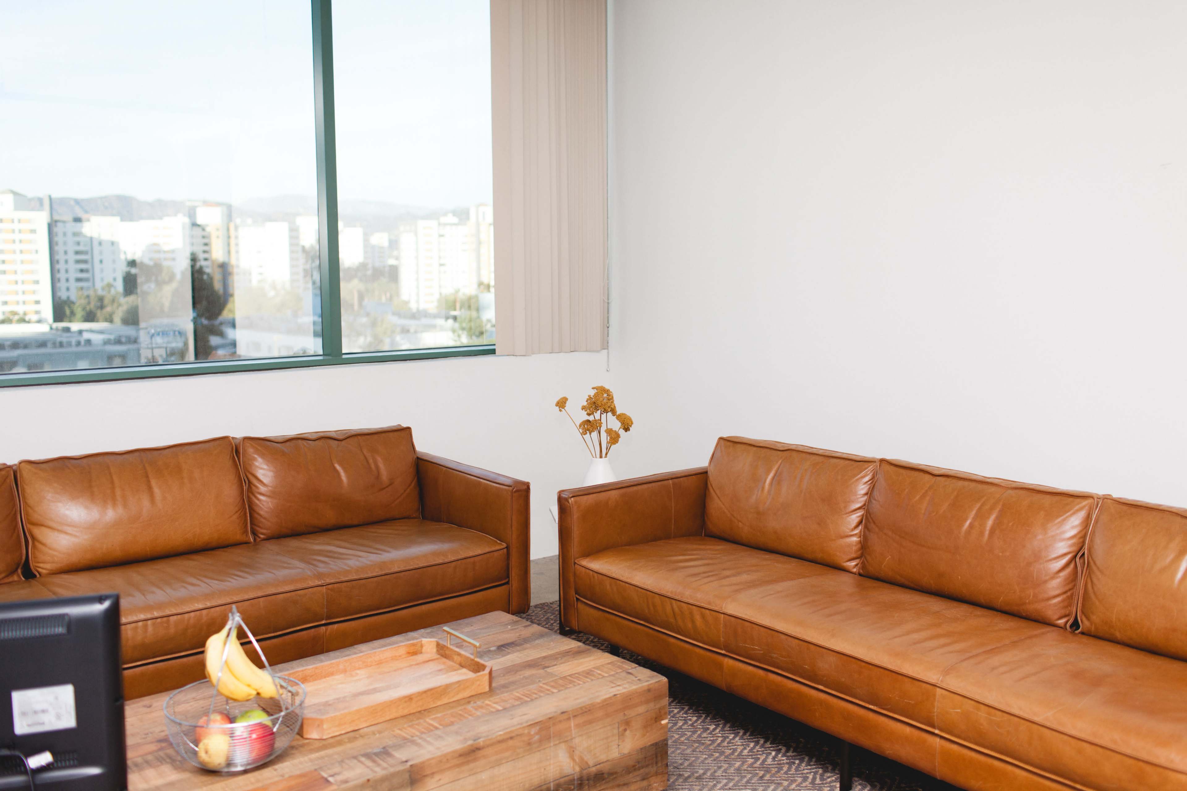 A modern office waiting area features two tan leather sofas, a wooden coffee table with a fruit bowl, and a large window showcasing a cityscape.