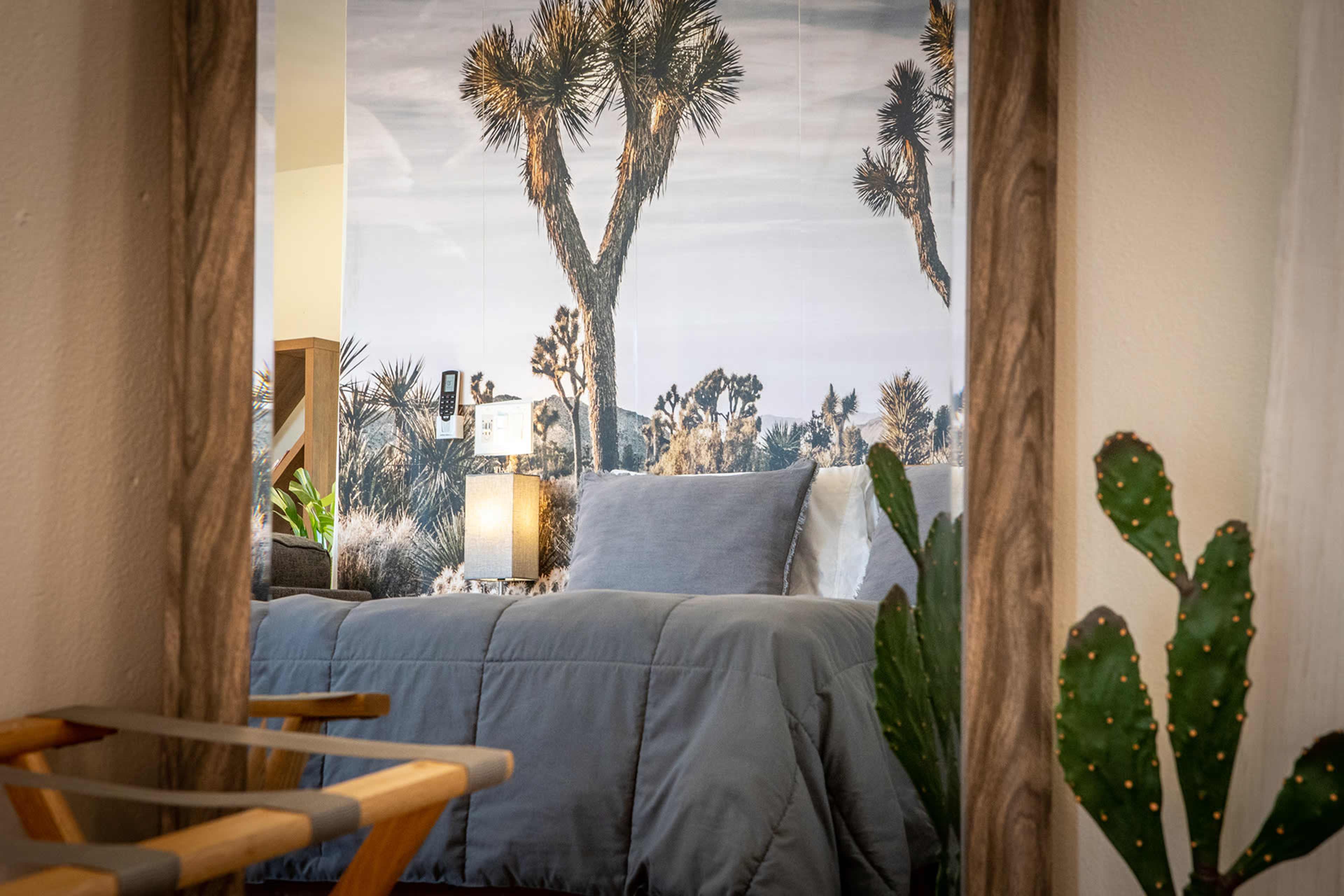 A bedroom is reflected in a mirror, featuring a blue bedspread, a lamp, and a wall mural of Joshua trees.