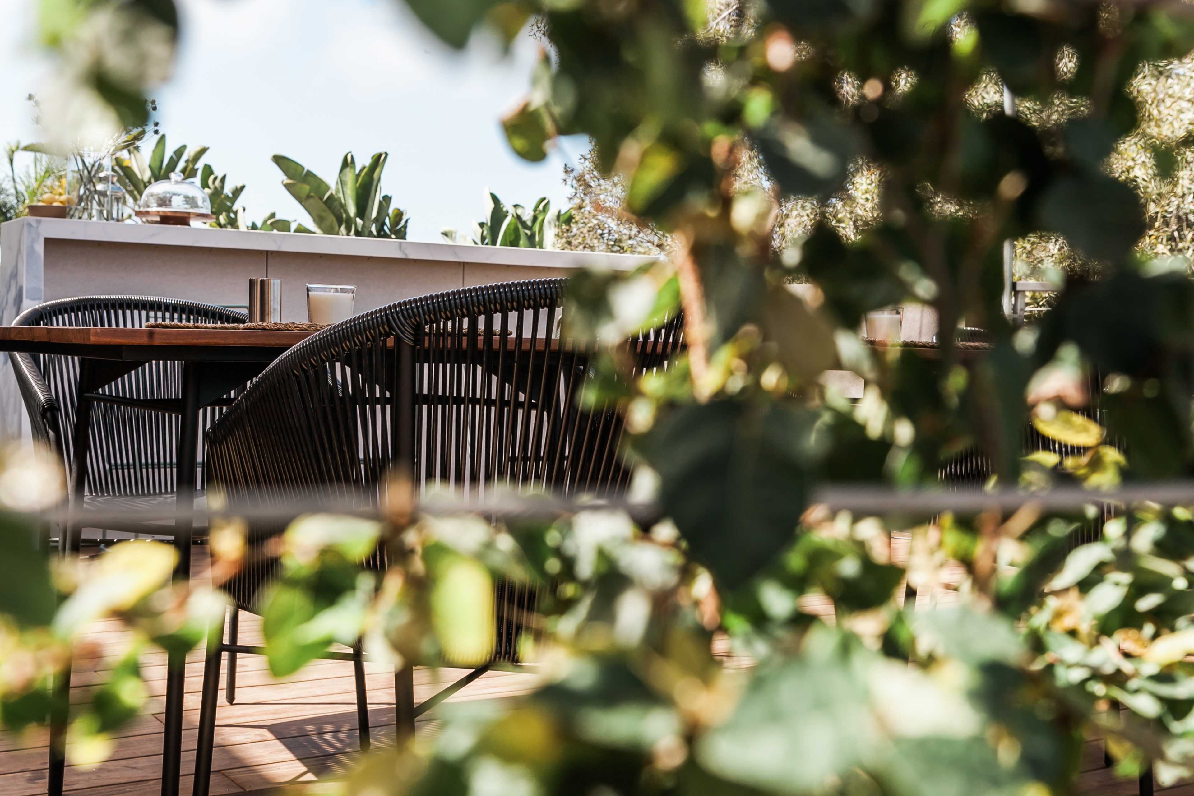 A dining area with black chairs and a wooden table, partially obscured by green foliage.