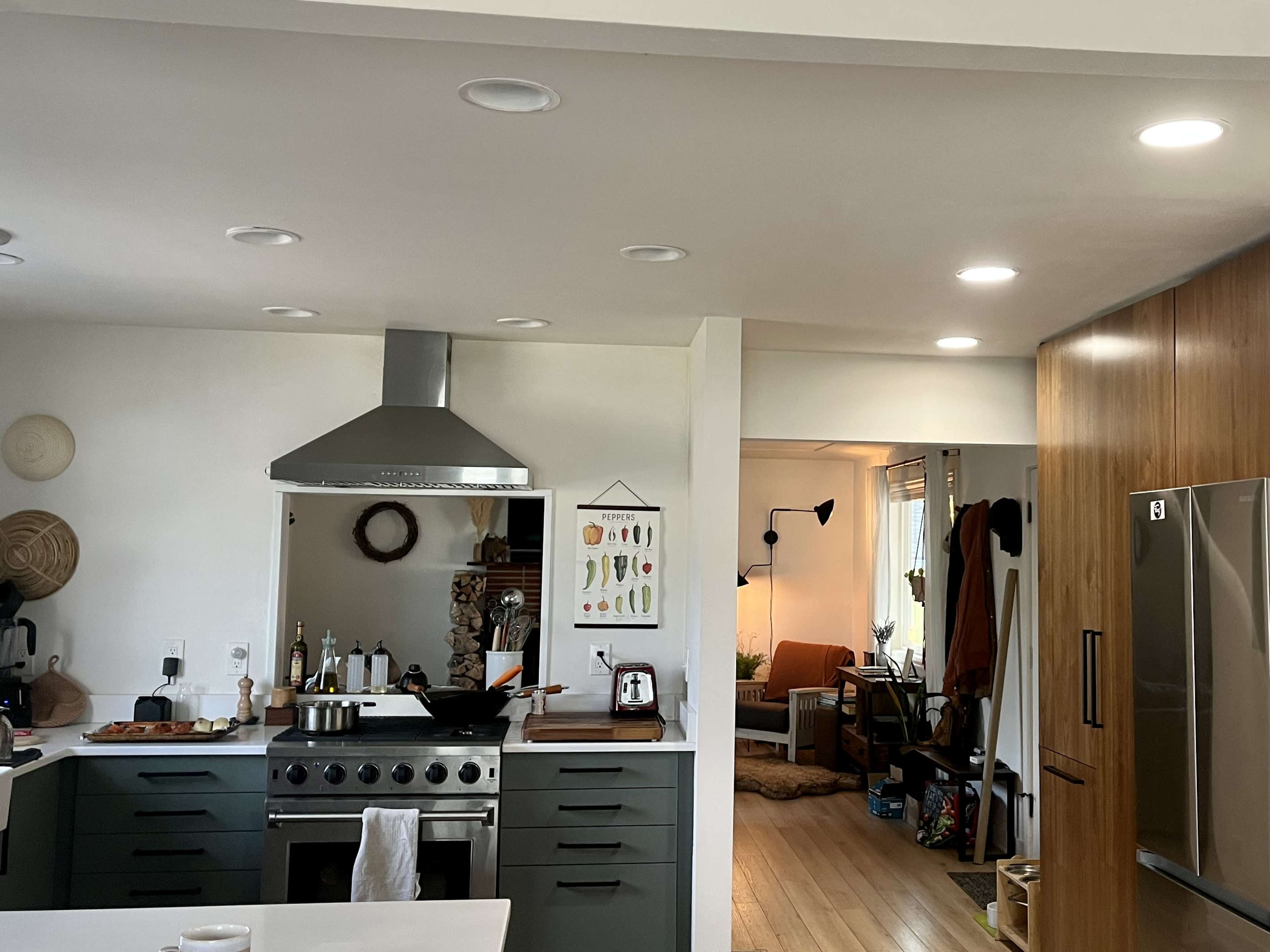 A modern kitchen with a stainless steel stove and a view into a cozy living area featuring a sofa and decorative items.