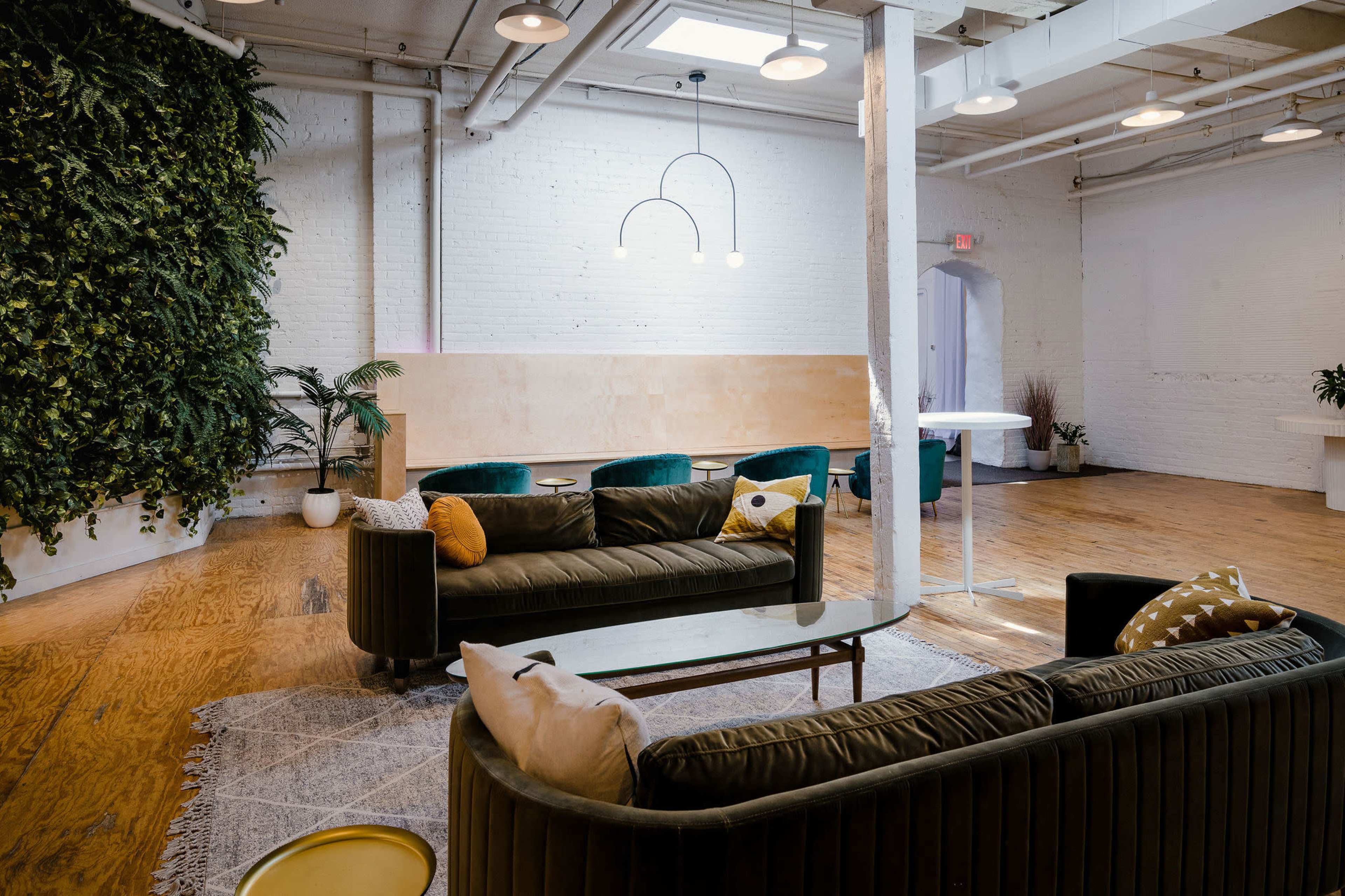 The image shows a spacious, modern room with green plants on one wall, comfortable seating areas, and a wooden floor.