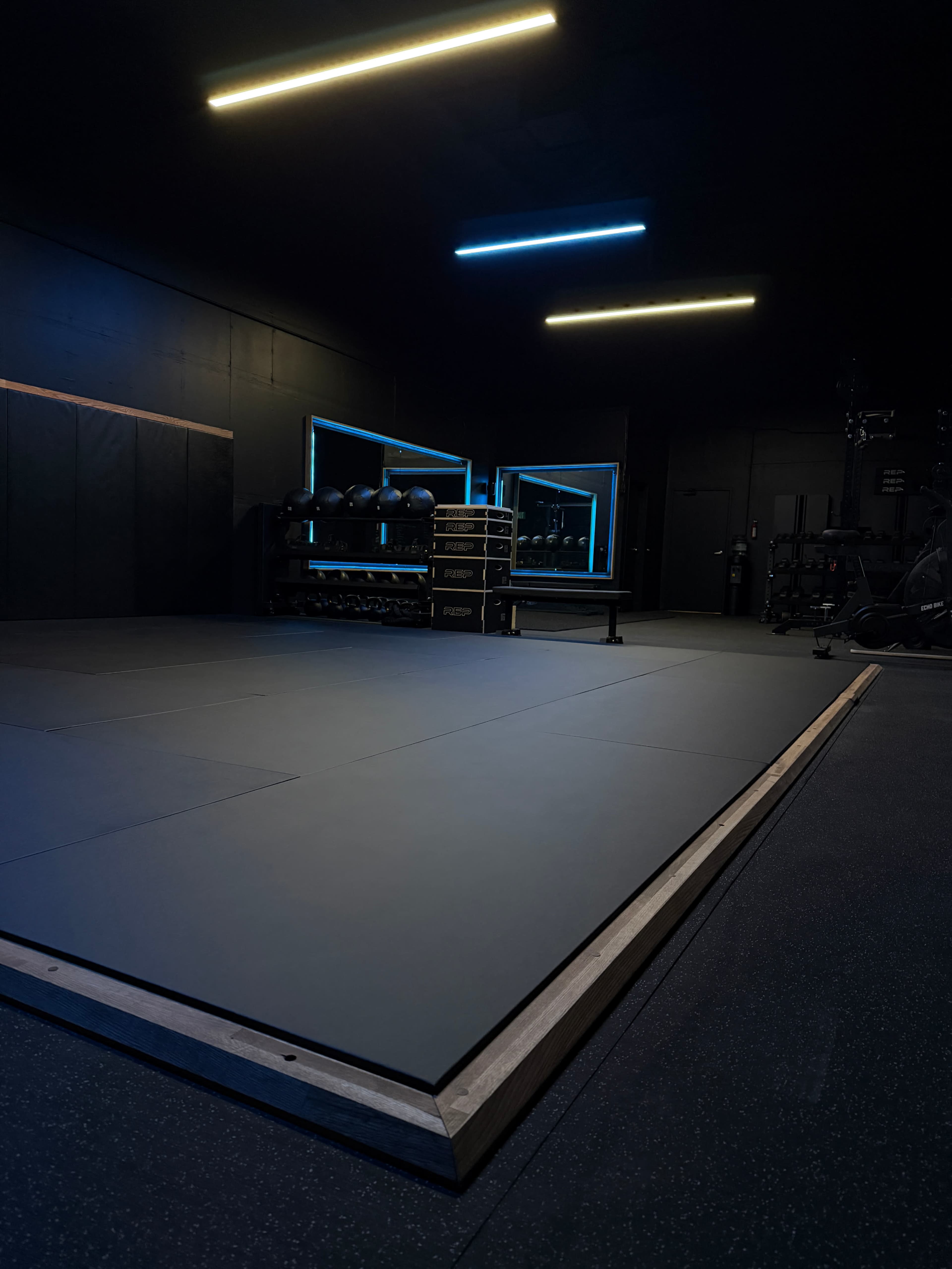 The image shows a dimly lit gym space featuring a padded workout area with a wooden border, illuminated by blue and white ceiling lights and showcasing exercise equipment against a dark backdrop.