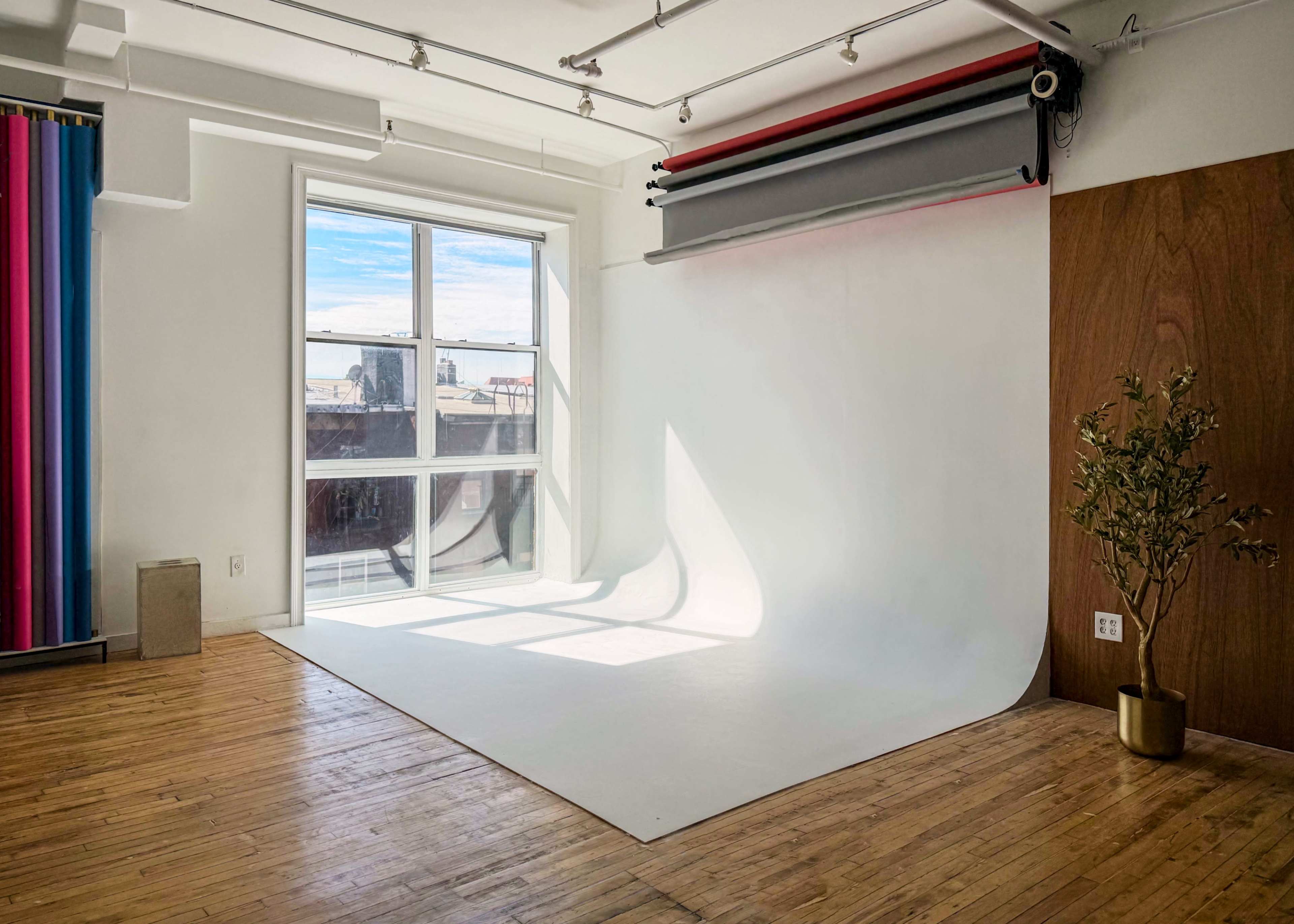 The image shows a bright photography studio with a white backdrop, a large window letting in natural light, and wooden flooring.