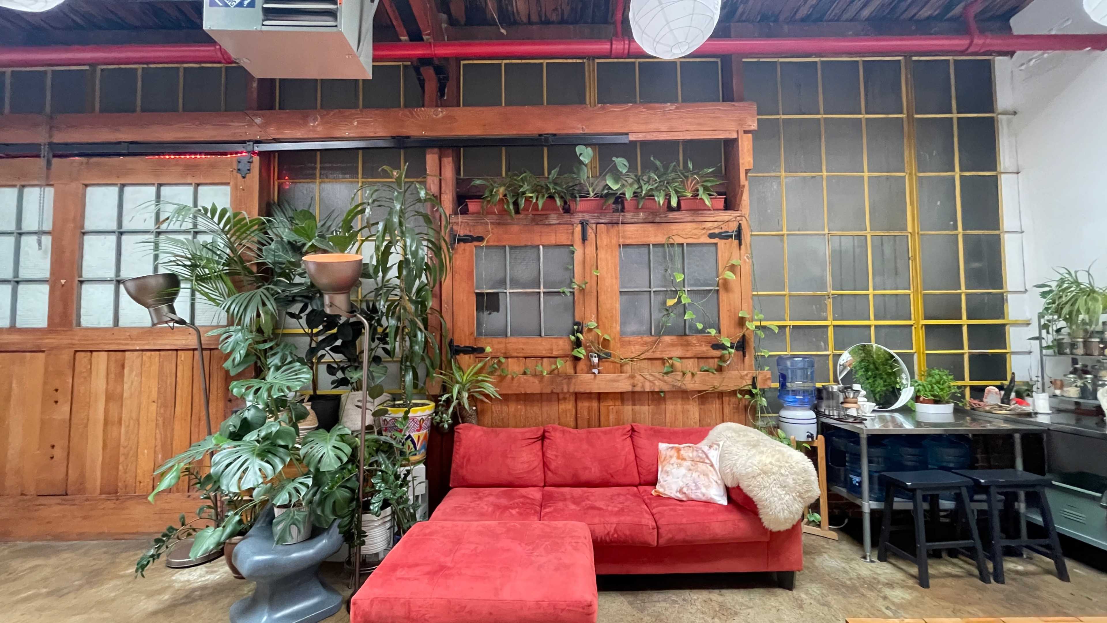 The image shows a cozy indoor space featuring a red sectional sofa, wooden walls with large windows, and a variety of potted plants arranged throughout.