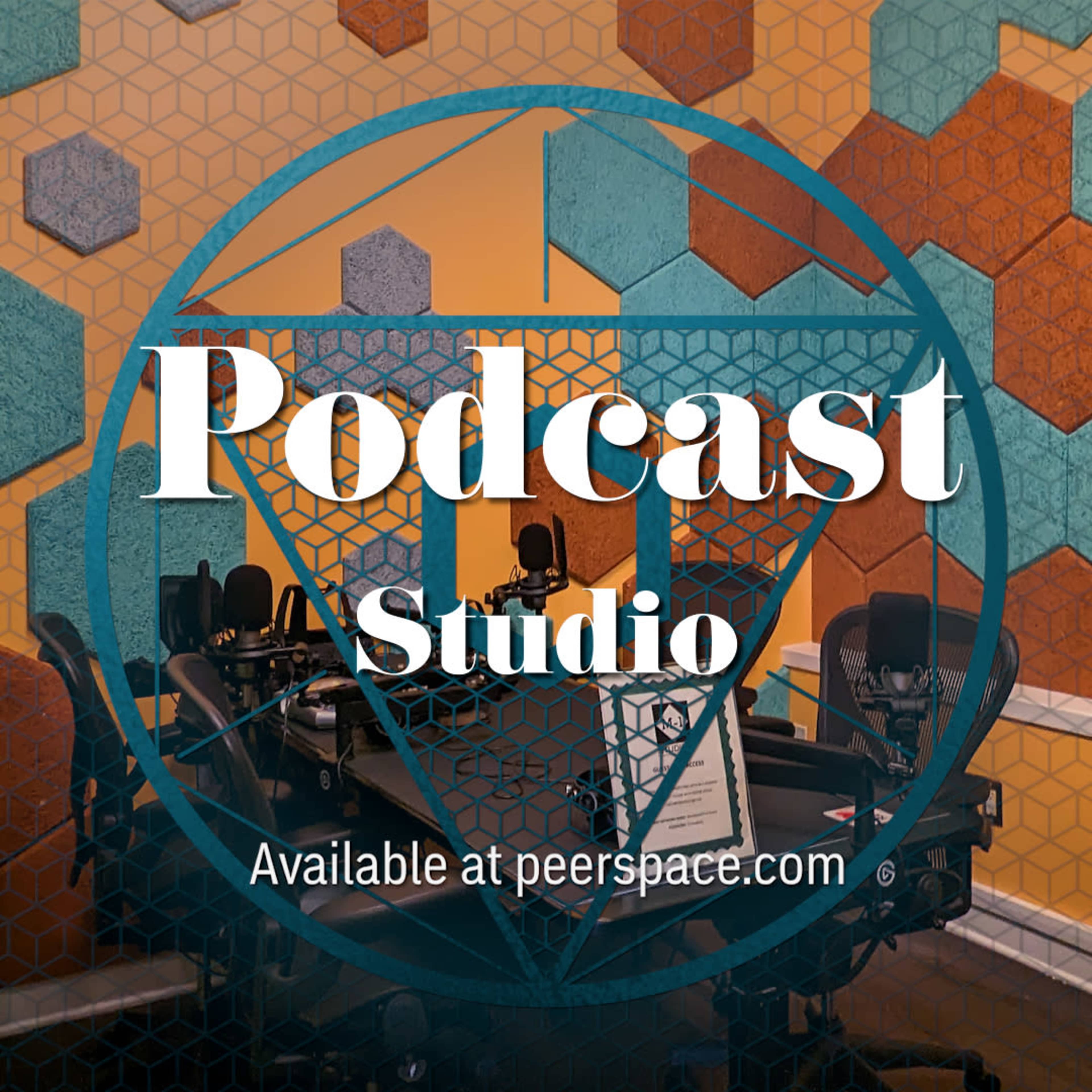 The image features a podcast studio equipped with microphones and chairs, surrounded by colorful hexagonal wall panels.