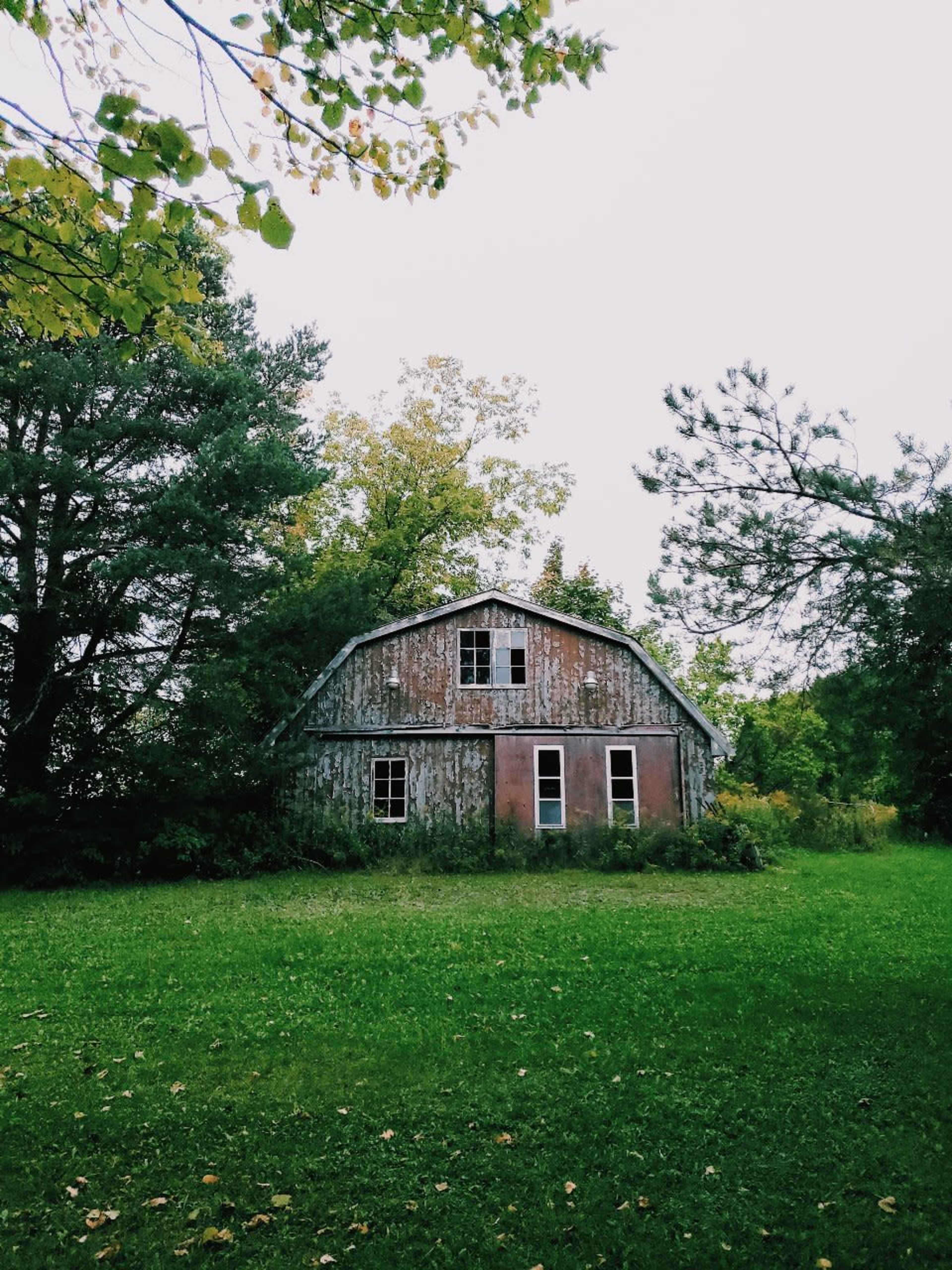A weathered barn stands surrounded by trees on a grassy area.