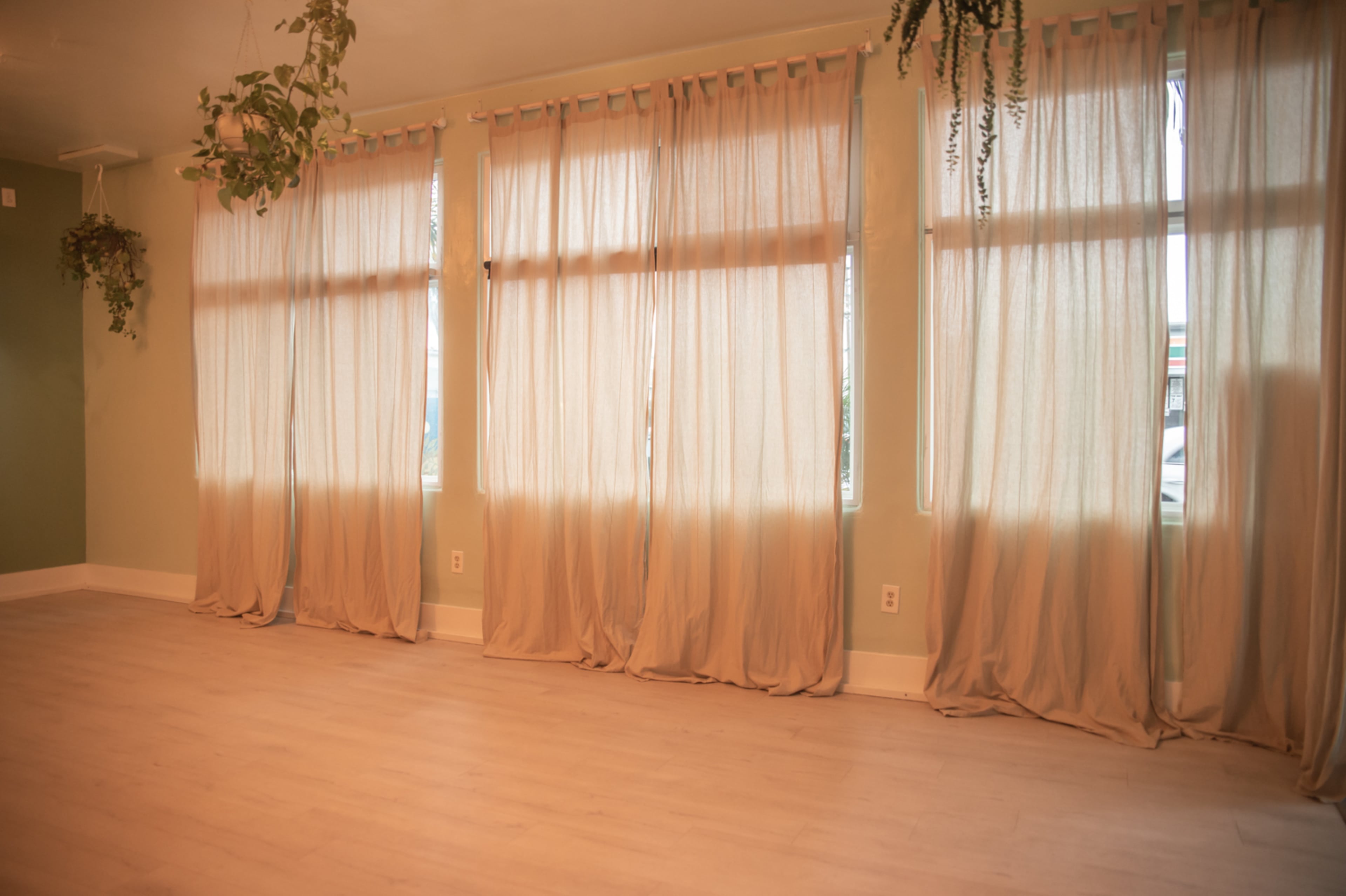 The image shows a room with large, light-colored curtains hanging in front of three windows, and plants suspended from the ceiling.